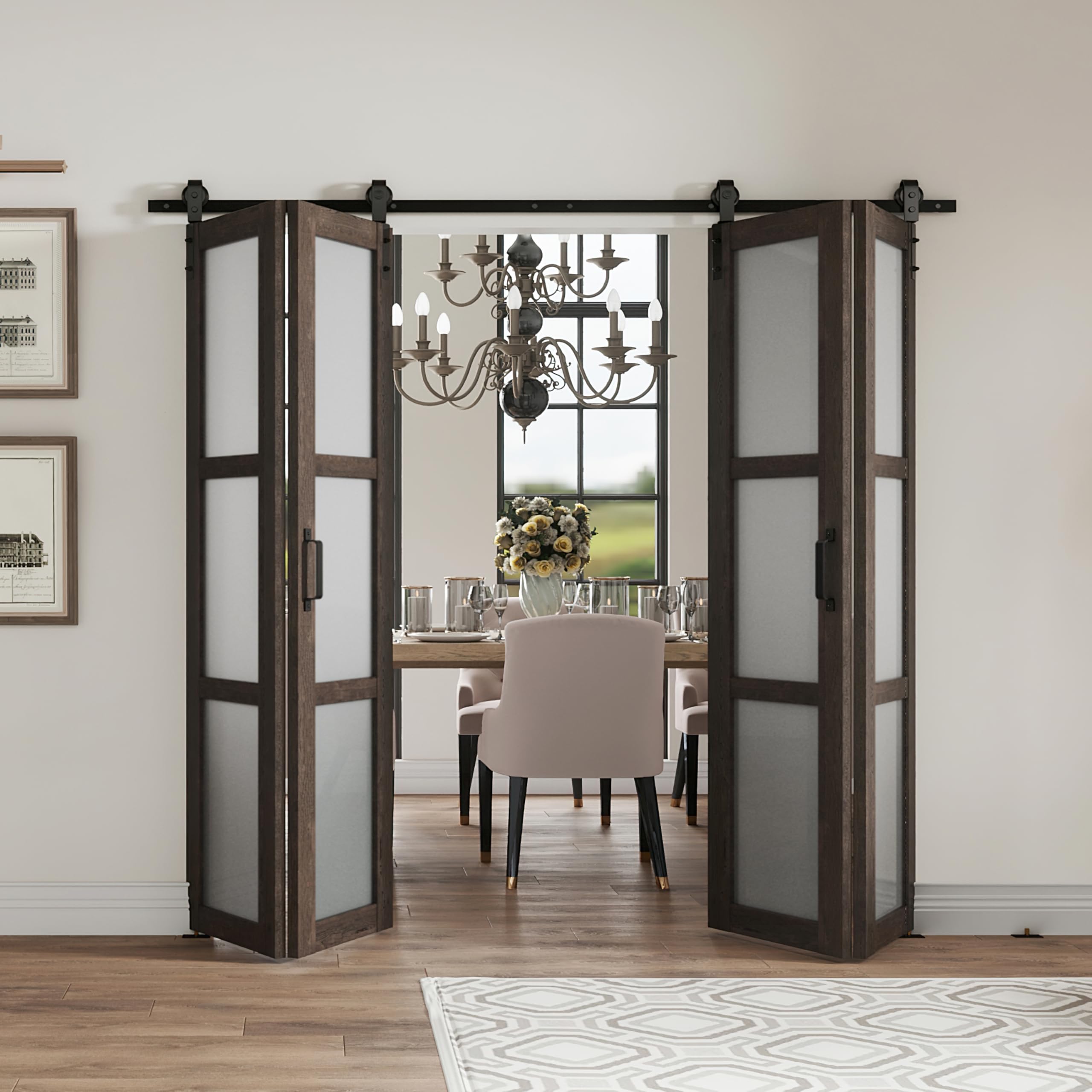 72" x 84" Bifold Barn Door, 3 Lite Frosted Glass with Sliding Hardware Kit Set, Two Track for 4 Pre-drilled Holes Door Panels, Easy Assembly, MDF, Gray Brown