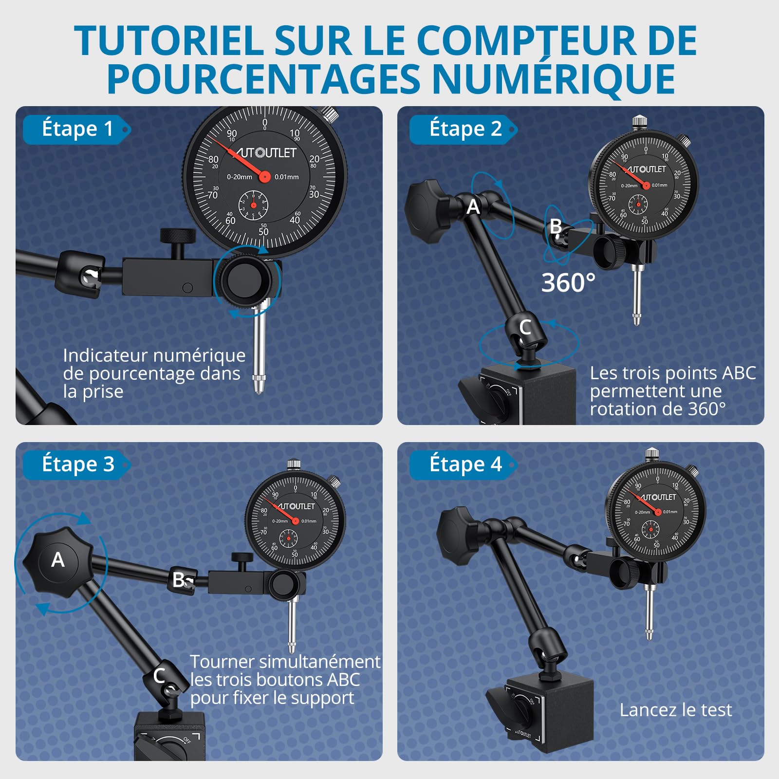 AUTOUTLET Comparateur et pied magnétique avec serrage central de 25 cm, force de traction maximale de 60 kg, plage de mesure de 0 à 20 mm, bouton de mesure, trépied magnétique, support de comparateur