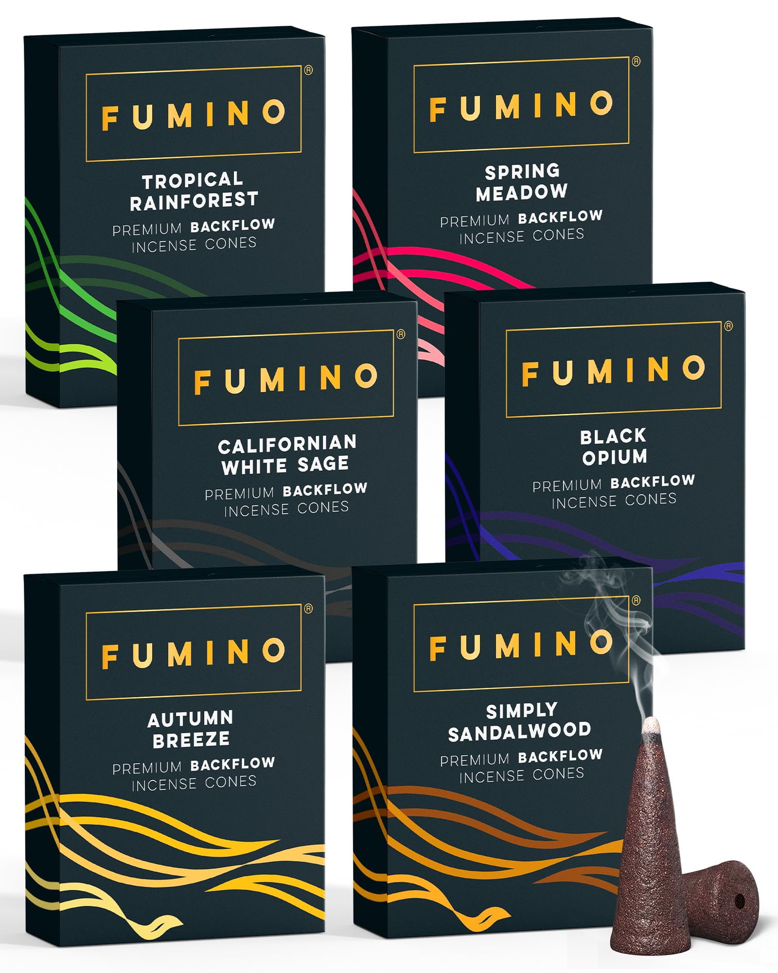 Backflow Incense Cones Fumino Fresh Multipack Essentials Bundle 6 Boxes 90 Pieces Masala Agarbatti Joss Fragrance for Relaxation and Meditation, Home and House Decor Scent