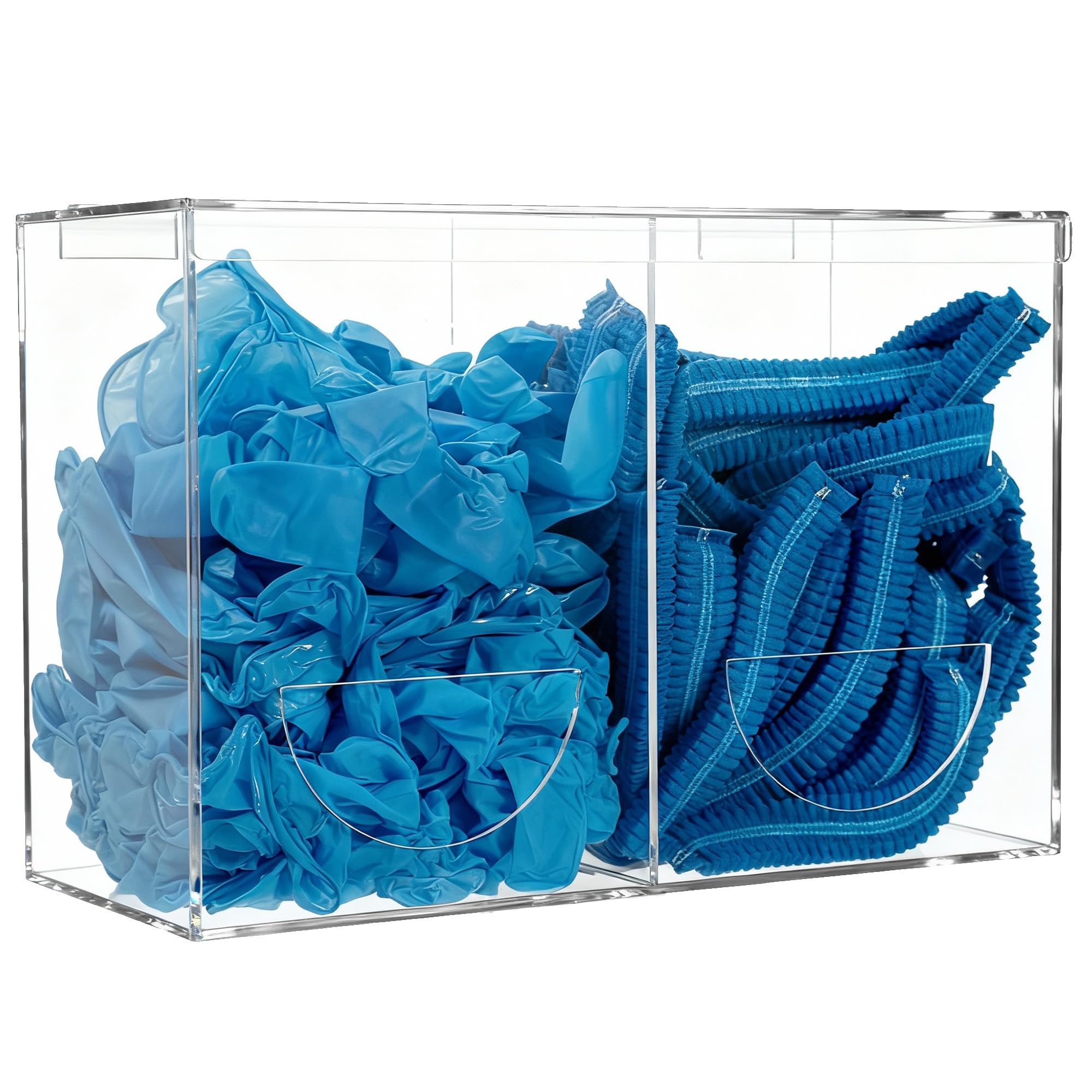 SEANADO Dispenser per guanti in acrilico trasparente con coperchio, 2 scomparti, per reti da barba, retine per capelli, sacchetti di plastica, copriscarpe, montaggio a parete o da tavolo