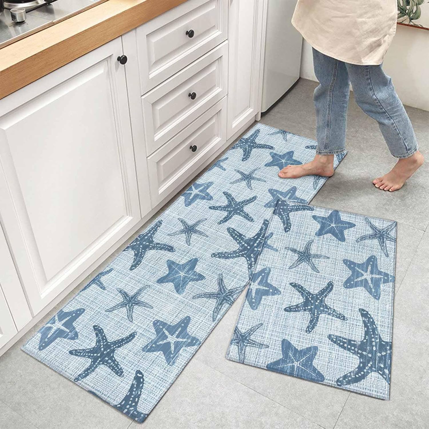 Kitchen Mats for Floor Vintage Blue Marine Starfish Washable Non Slip Kitchen Rugs 2PCS, Underwater Life Burlap Texture Absorbent Standing Mats for Sink Office Living Room 15.7x23.6in+15.7x47.2in