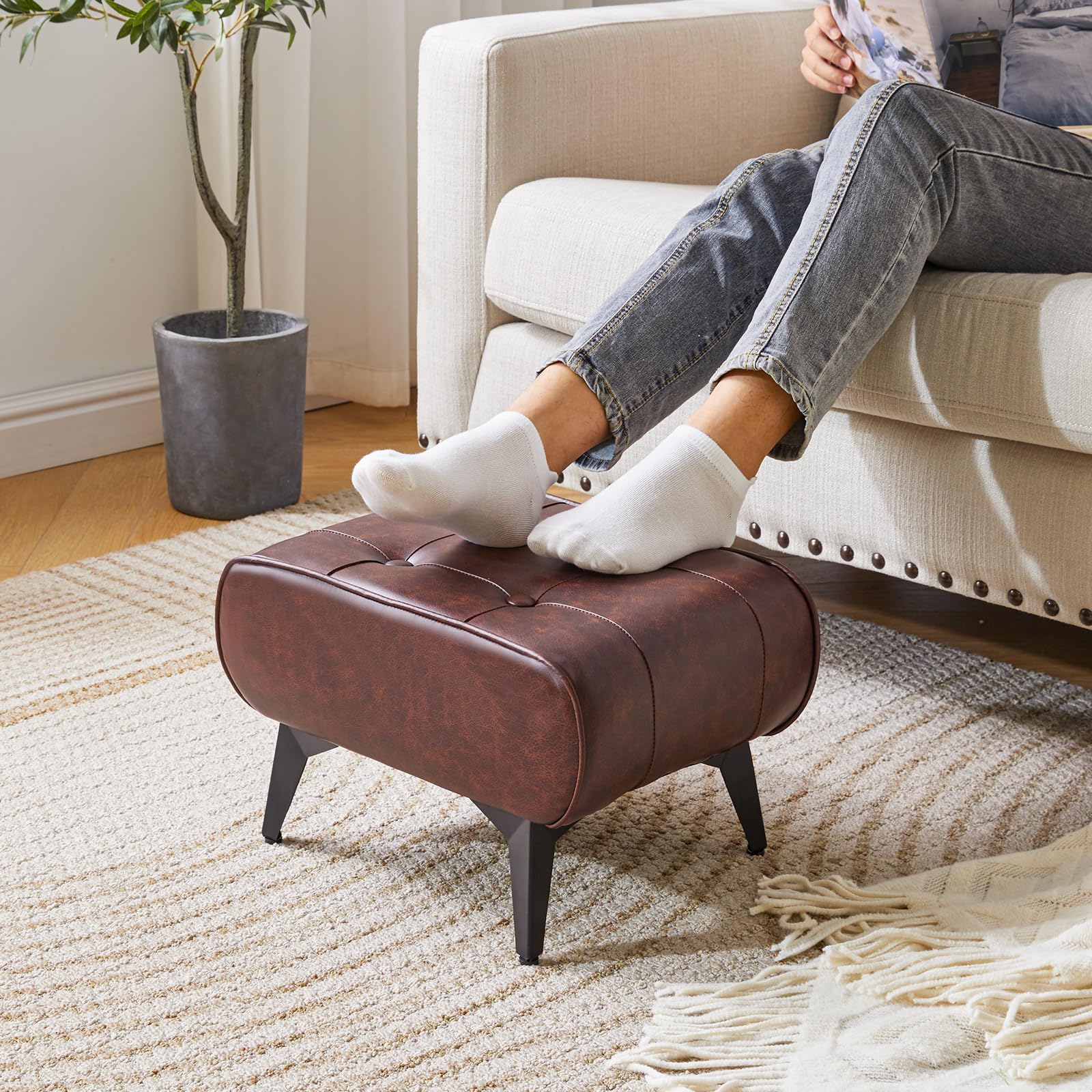 YMYNY Poggiapiedi Ottomano, Poggiapiedi in Ferro, Sgabello Moderno per Divano, Ottomano per Soggiorno, Piccolo Tavolino Multiuso, Sgabello Basso per Camera da Letto 40×30×26CM Marrone HBD037Z