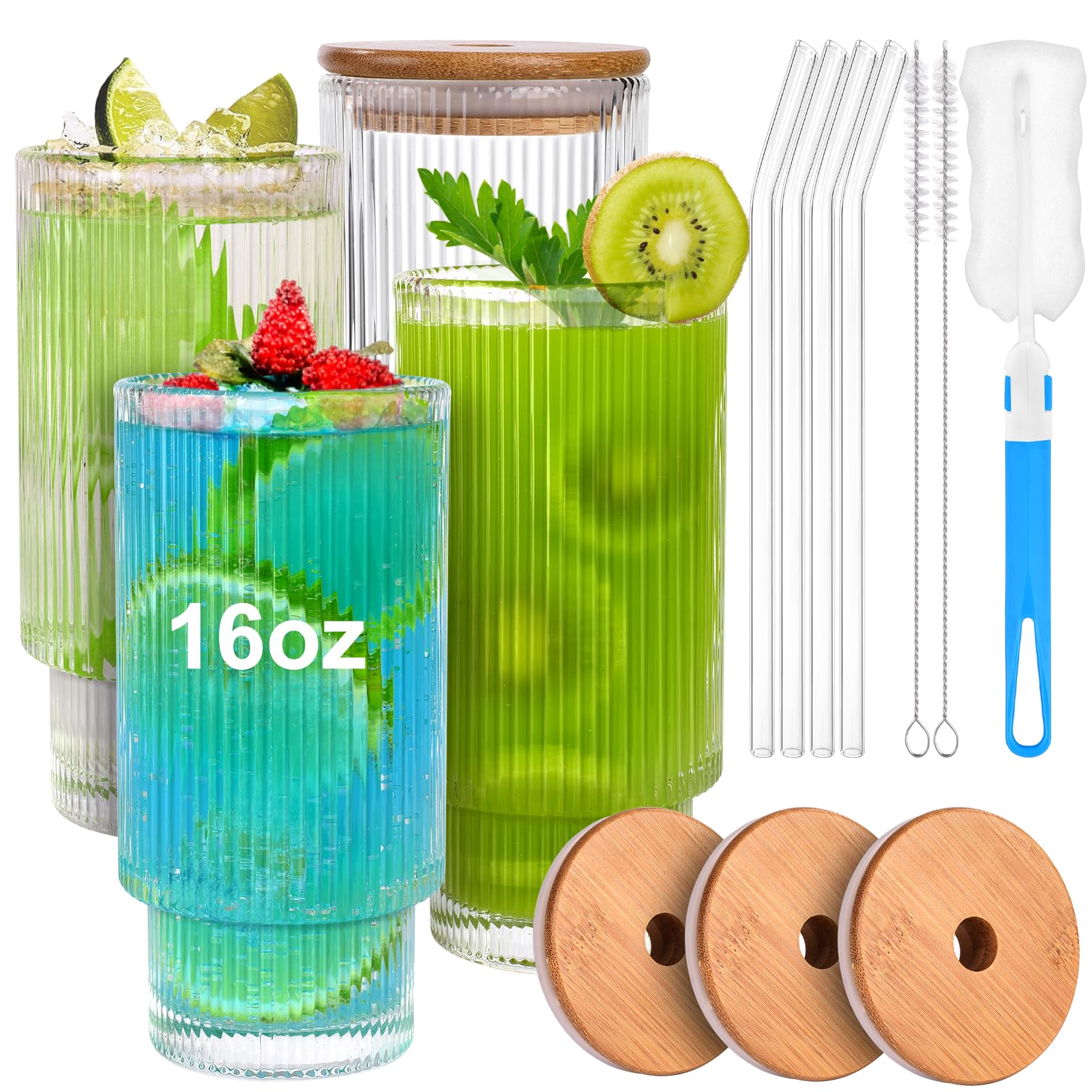 Naeety16OZ Ribbed Glass Cups with Lids and Straws, Drinking Glasses Set of 4, Ribbed Glassware with Bamboo Lid, Vintage Fluted Glassware for Cocktail Whiskey Glass, Iced Coffee Cup Aesthetic Cup