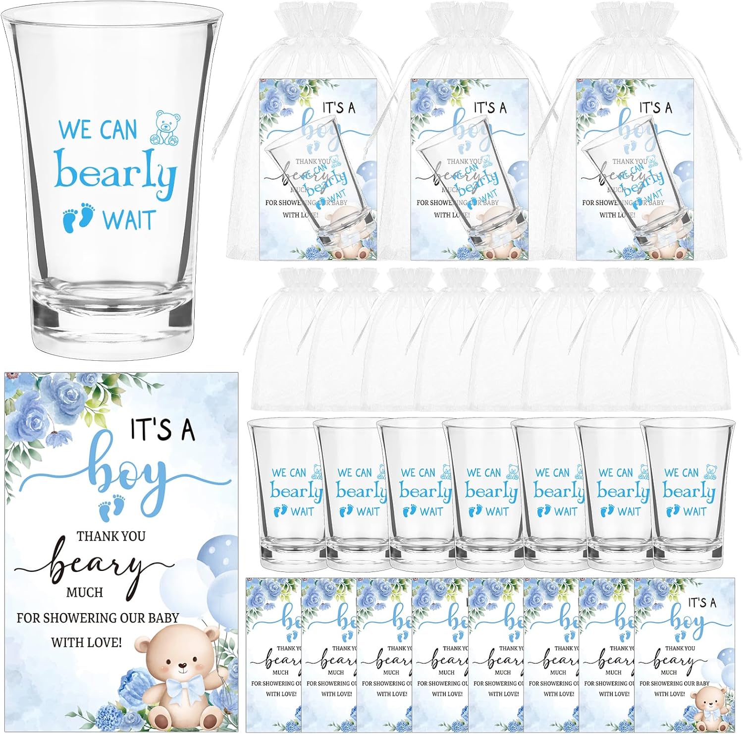 60 Sets Bear Baby Shower Shot Glasses We Can Bearly Wait Clear Acrylic Shot Glasses Boy Girl Theme Baby Shower Favors for Guests with Thank You Card Bag for Gender Reveal Souvenir (Blue)