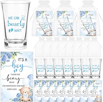 60 Sets Bear Baby Shower Shot Glasses We Can Bearly Wait Clear Acrylic Shot Glasses Boy Girl Theme Baby Shower Favors for Guests with Thank You Card Bag for Gender Reveal Souvenir Blue