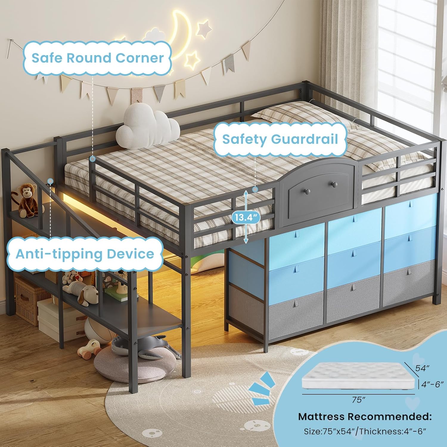 VIAGDO Low Loft Bed Full Size with 9 Storage Drawers and LED Lights, Metal Full Size Loft Bed with Stairway Shelf Storage, Low Loft Bed with Safety Guardrail and Under-Bed Hideaway for Kids, Grey Grey Full