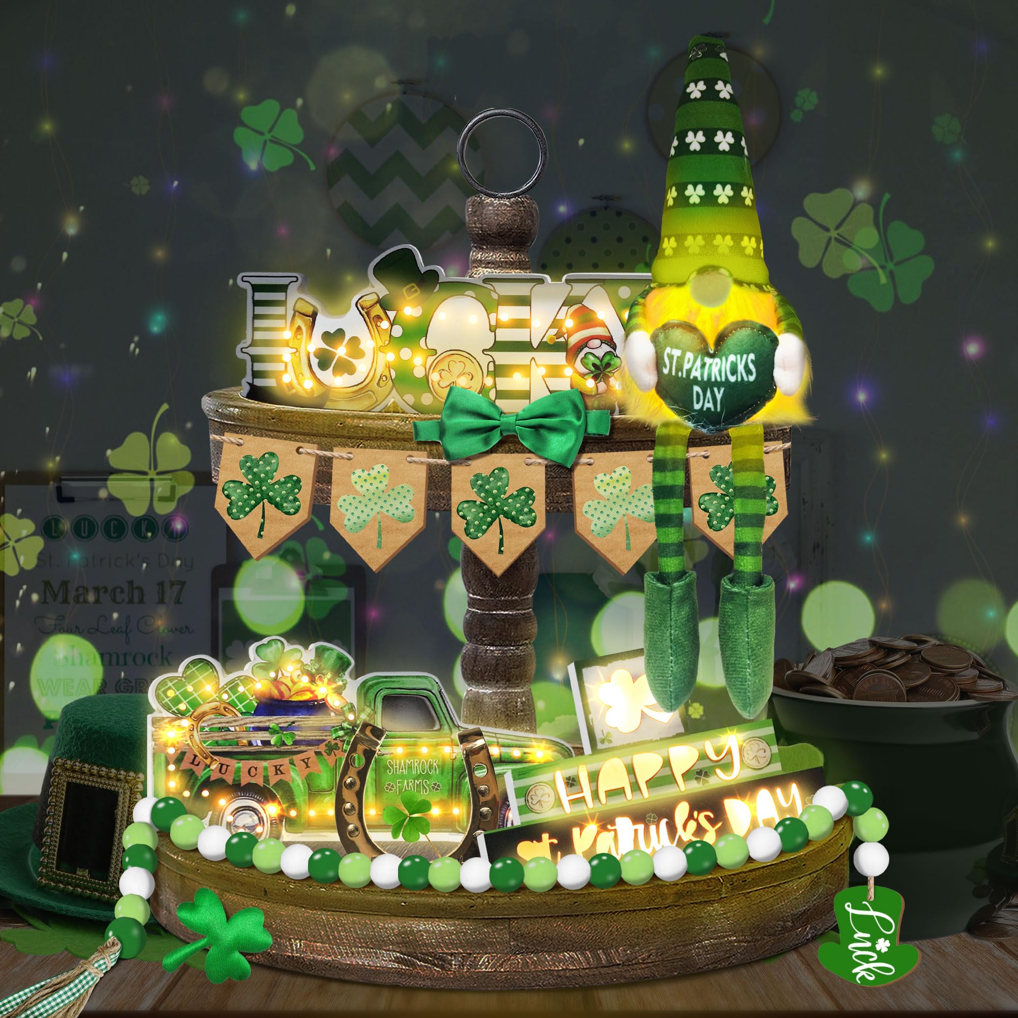 Photo 1 of St Patricks Day Decor - LED St Patrick's Day Decorations for Home Table - Lighted Up Tiered Tray Decor 6 PCS - 3 Saint Patricks Wooden Signs - Plush Gnome - Wood Beads Garland - Mini Wooden Banner