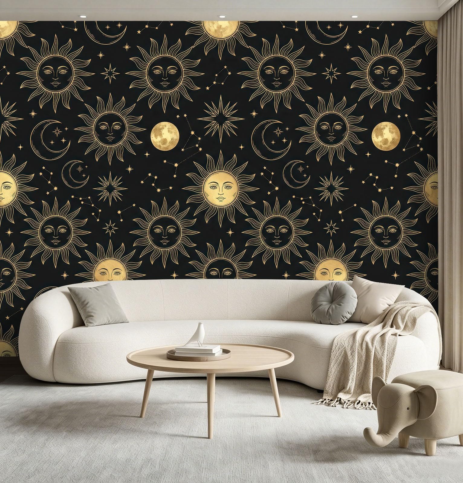 Natur Fantasie Wald Panorama Fototapete 400 x 280 cm, Sonne Mond Menschliches Gesicht Sternenmuster Sterne Vlies Tapete Wandtapete, Schwarz-Gold Wandbilder Tapete für Wohnzimmer Schlafzimmer Apartment