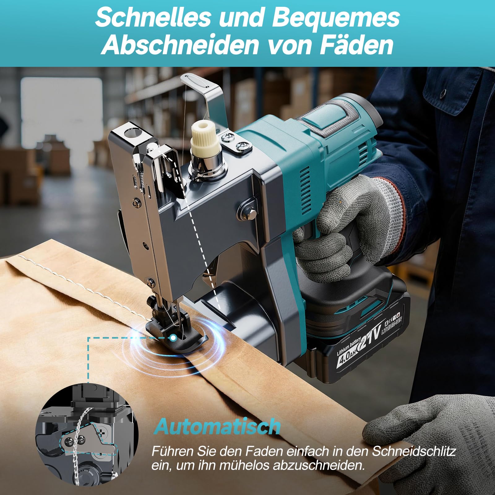 Yofuly Elektrische Sacknähmaschine Kompatibel mit Makita 18V Akku, Tragbare Nähmaschine mit 2 * 4.0Ah Akku, Nähstärke 0.1–10mm mit Automatischem, Handnähmaschine für Sandsack,Gewebesack,Getreidesack