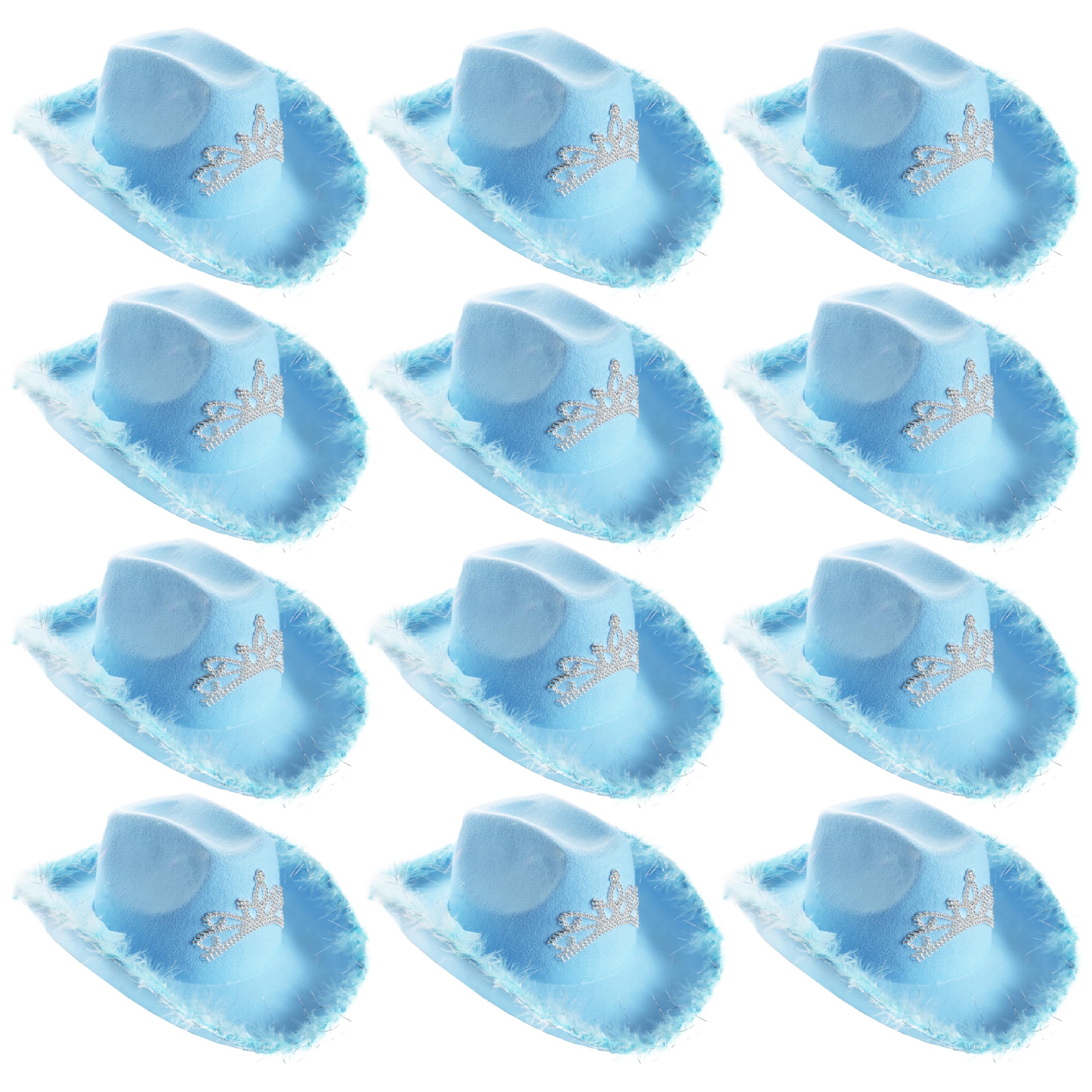 Tiara Cowgirl Hats - Pack of 12 - Blue Cowgirl Hat with Tiara Decoration and Marabou Trim - Adults Music Festival Fancy Dress Accessory