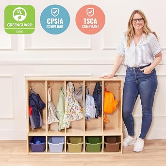 ECR4Kids Streamline 5-Section Toddler Coat Locker with Bench, Classroom Furniture, Natural