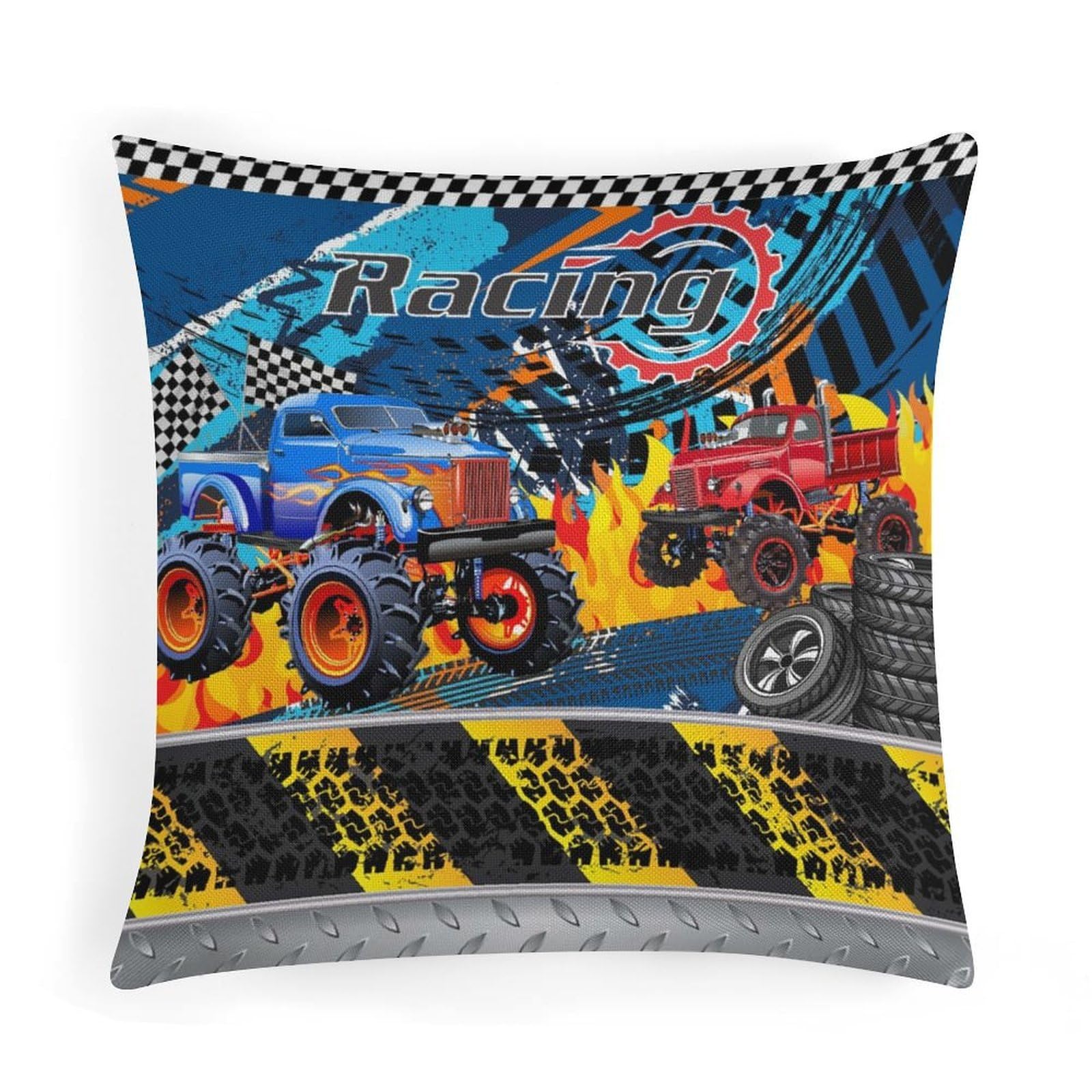 BenYaSong Truck Throw Pillow Covers Cool Banner Burning Flame Car Cartoon Monster Racing for Sofa Cushion Couch Sofa Pillowcases Decorative 18"x18"