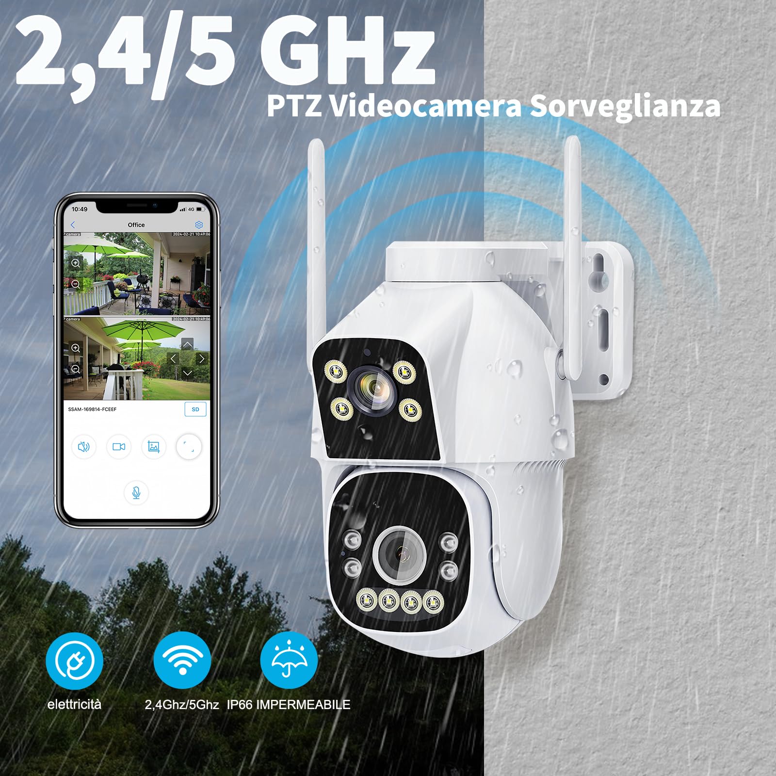 2MP+2MP Telecamera Wi-Fi Esterno, 2.4GHZ/5GHZ PTZ Videocamera Sorveglianza Esterno con Doppia Lente,FHD Tracciamento Automatico, Visione Notturna a Colori, Audio Bidirezionale, IP66 (HD)