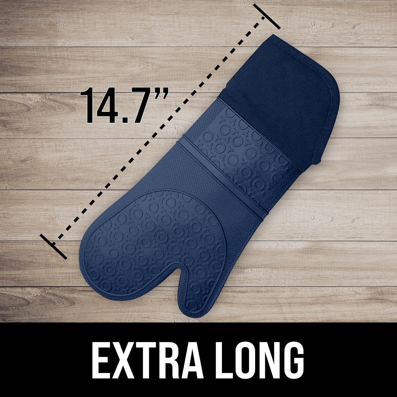 HOMWE Guanto da forno professionale extra lungo in silicone, guanti da forno con fodera trapuntata, presine resistenti al calore, guanti da forno flessibili, blu navy, 1 paio, 37 cm