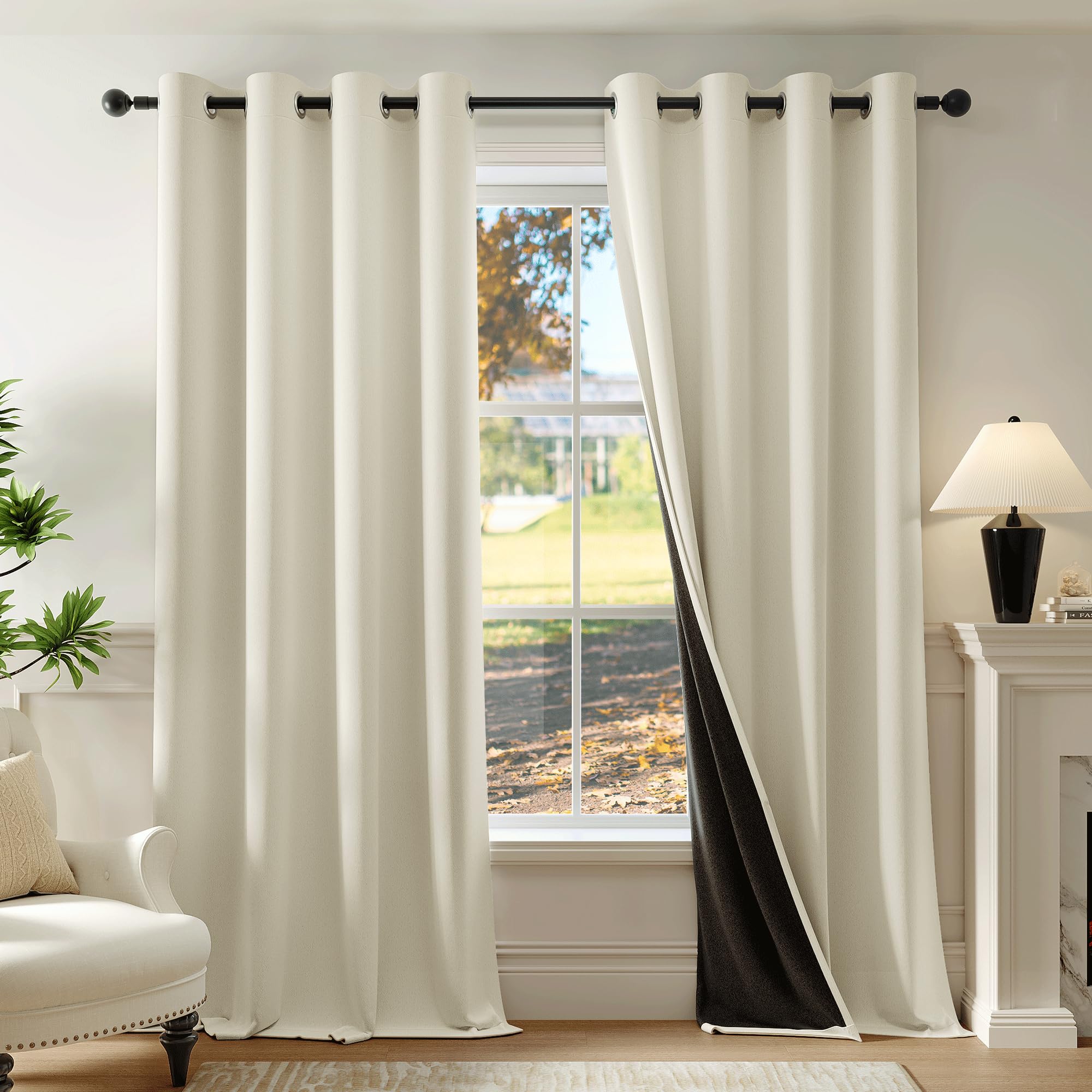 Beauoop Cream 100% Blackout Curtains 63 Inch Long 2 Panels for Bedroom Living Room Solid Room Darkening Thermal Insulated Soundproof Energy Saving