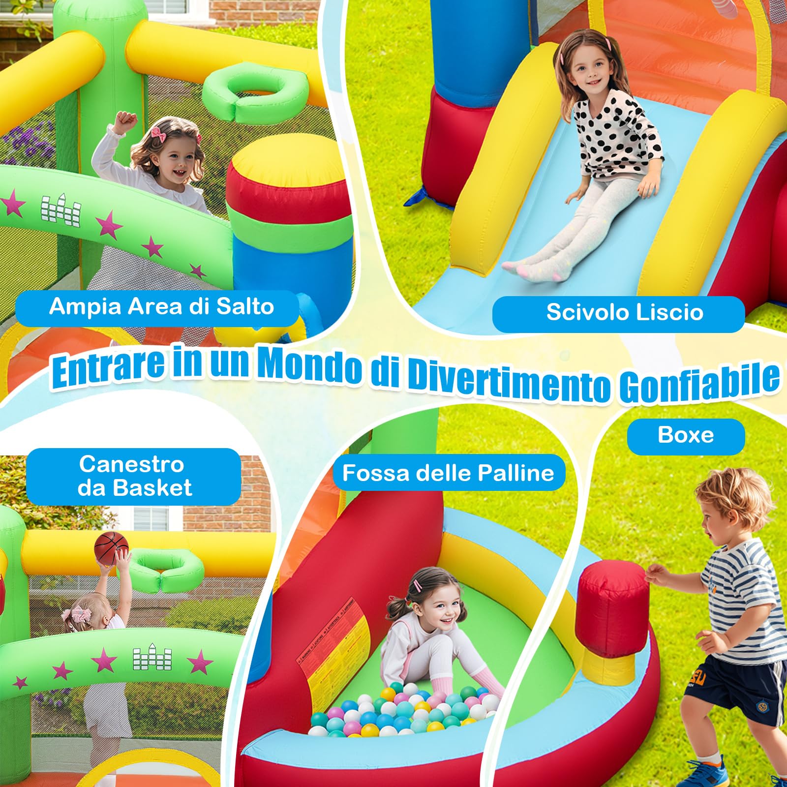 COSTWAY Castello Gonfiabile 5 in 1 per Bambini di Tema Musicale, Castello Gonfiabile con Scivolo, Trampolino, Piscina e Canestro, Gioco Gonfiabile da Interno ed Esterno, per Bambini da 3 a 12 Anni