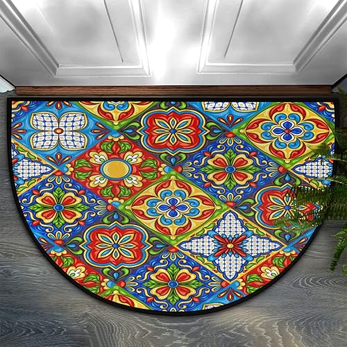Tapete de puerta medio redondo de 30 x 18 pulgadas diseño de azulejos de cerámica mexicana entrada interior adorno popular antideslizante absorbente
