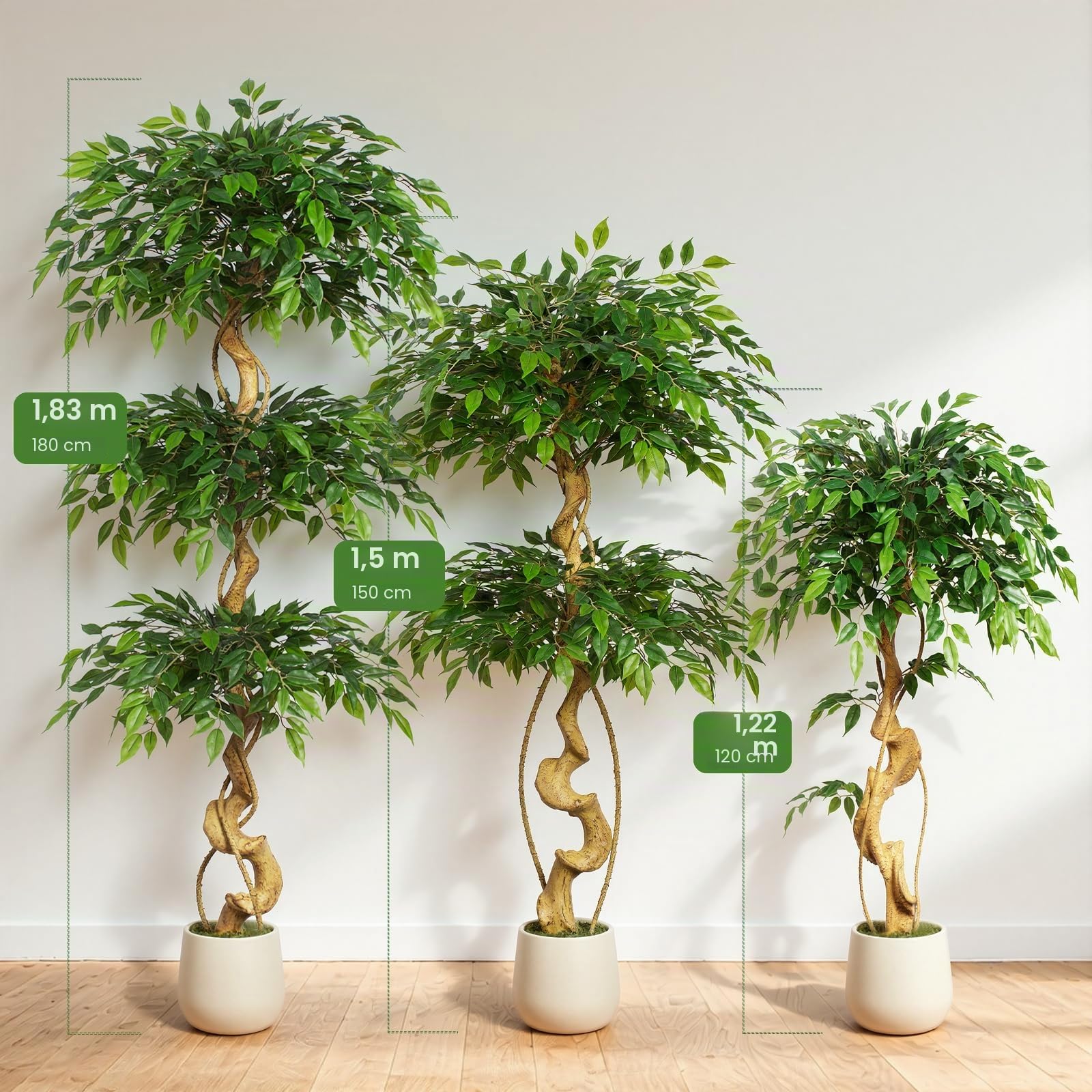 Ficus Artificiel en Pot Blanc de 150 cm de Haut avec Tronc incurvé Naturel pour décoration d'intérieur, Salon, Bureau et terrasse