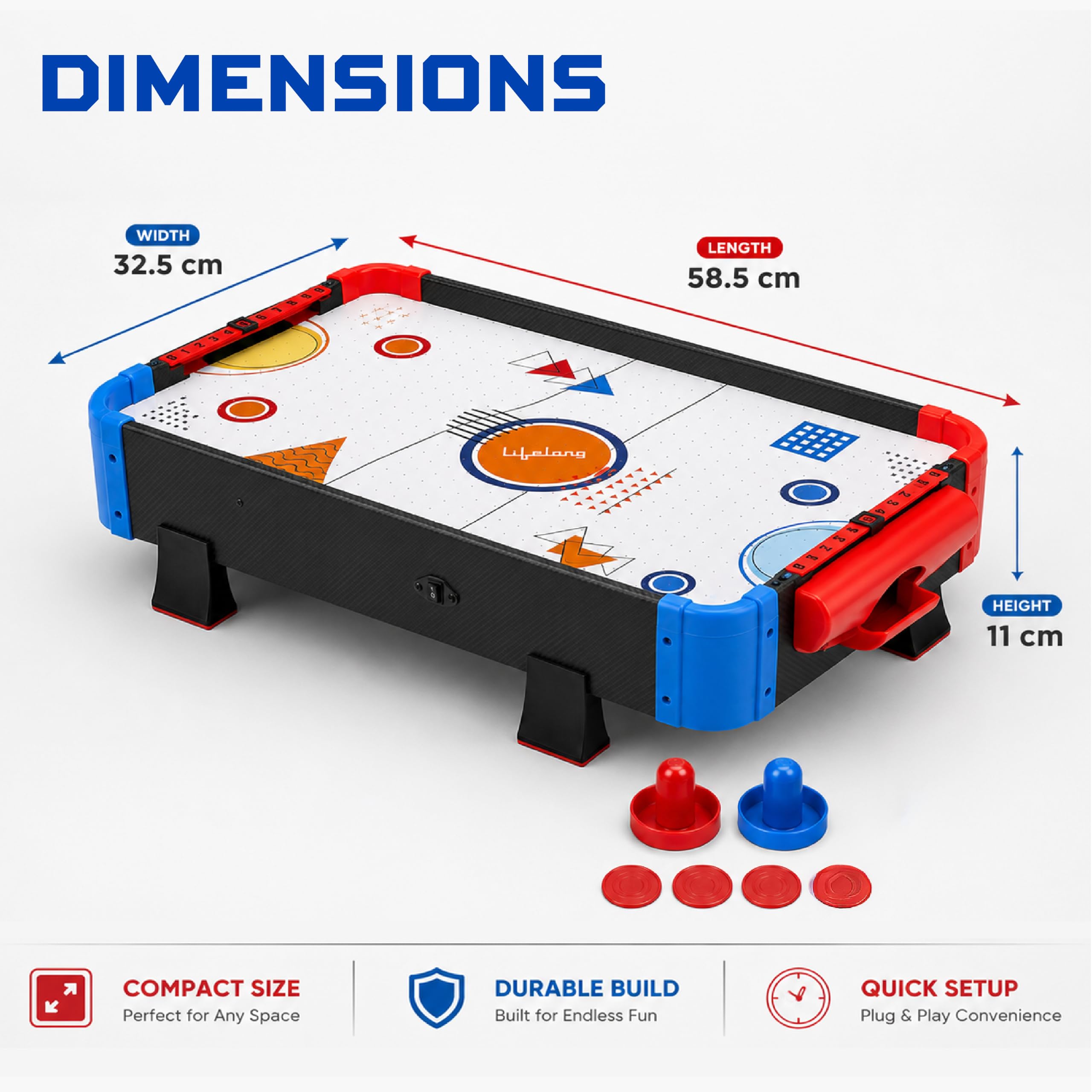 Lifelong Cuppy Air Hockey Table for Kids | Electric Powered with 2 Strikers & 4 Pucks | Plug & Play Durable Board with Air Vents &12V Motor | BIS Certified Indoor & Outdoor Fun Game — Amazon image 6