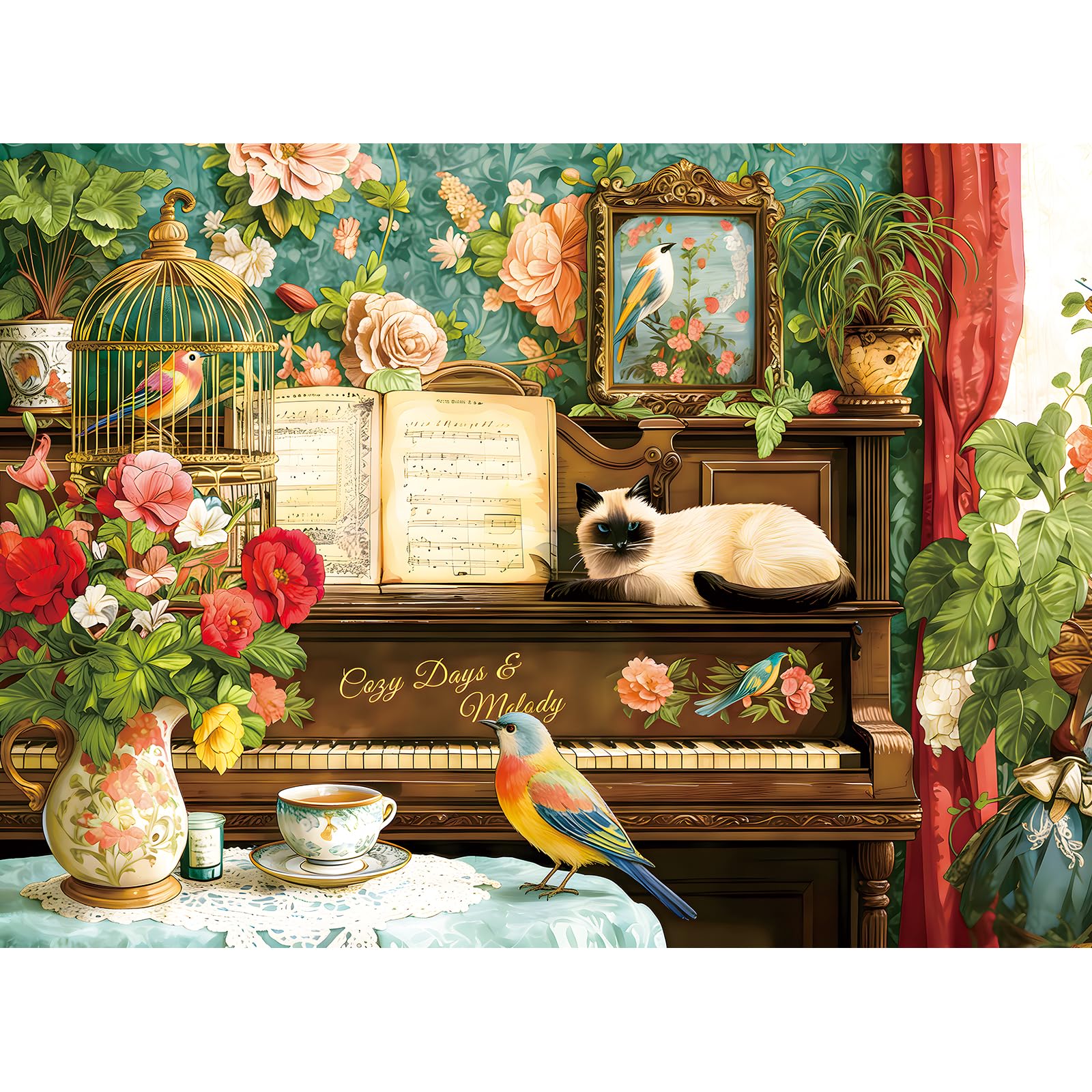 ZSYCZAO 500 Piece Jigsaw Puzzle for Adults –Cat Piano Flowers Jigsaw Puzzles 500 Pieces, Vintage Floral Wallpaper Puzzles for Adults 500 Pieces, Challenging Perfect for Game Nights, 20.5 X 15 in