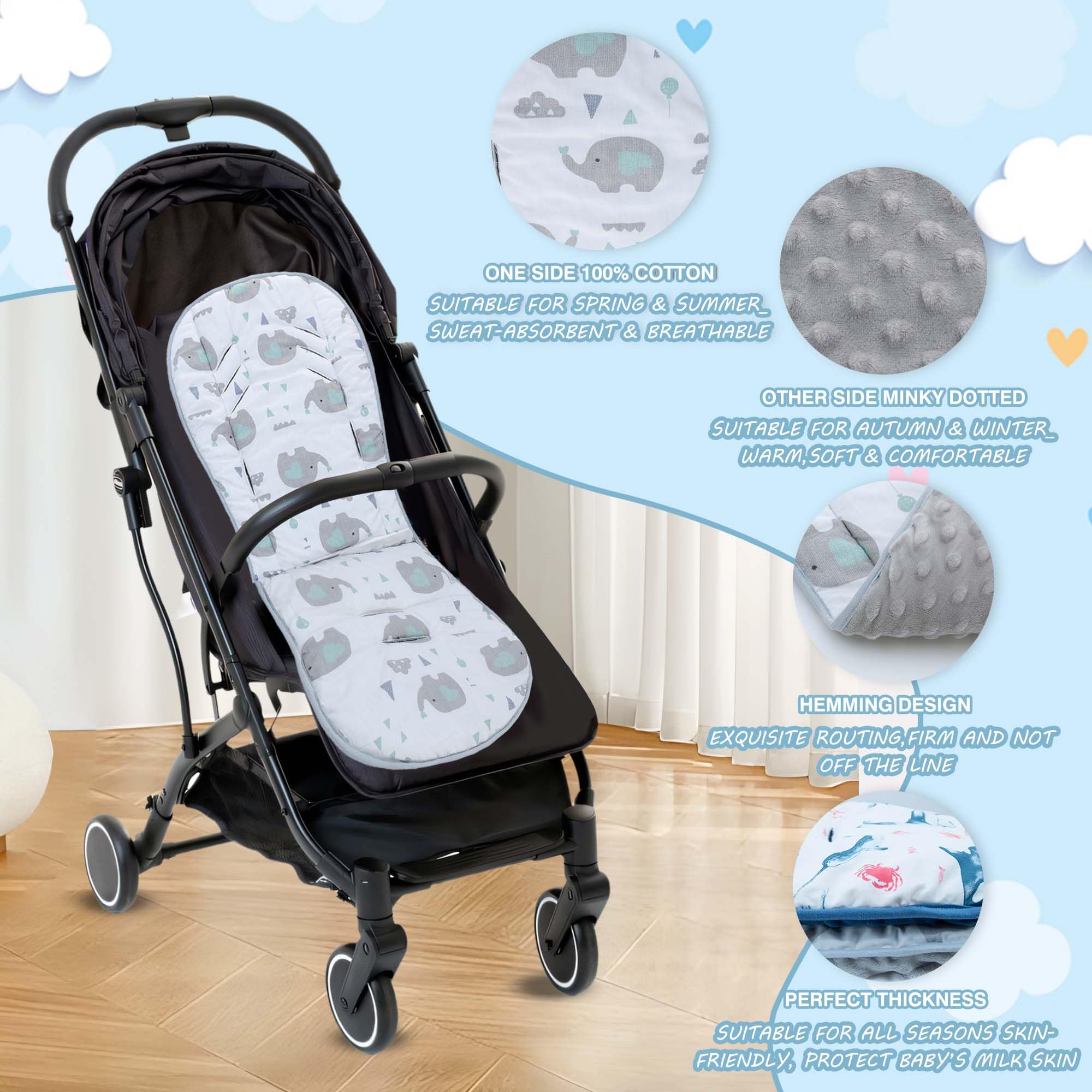Baby Pushchair Seat Liners,Universal Double-Sided Pram Seat Liner,Baby Stroller Liner Pad Seat Cover Seat Cushion for Toddler Infant,Reversible for Pushchairs & Strollers,37x80cm(Gray Elephant) - Image 4