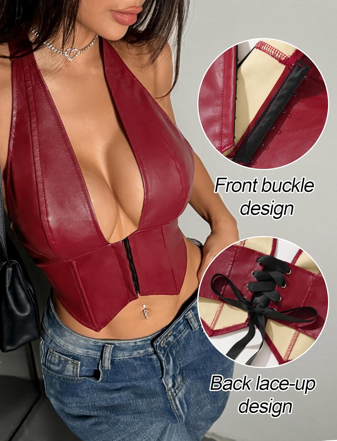 Women's PU Leather Top Sleeveless Halter Neck Corset Top for Club Party Cocktail XS-L - Image 5