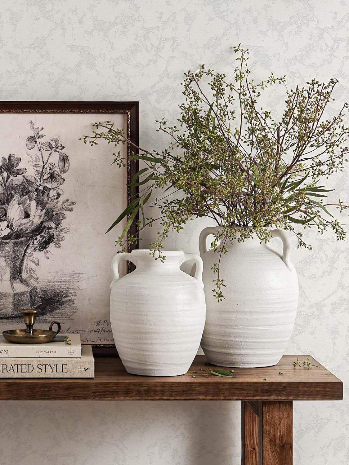 Large White Ceramic Vase - 9.5 Inch Rustic Farmhouse Vase with Handles for Home Decor, Vintage Tall Vases for Living Room, Table, Bathroom, Holiday & Weddings (Sandstone White) - Image 5