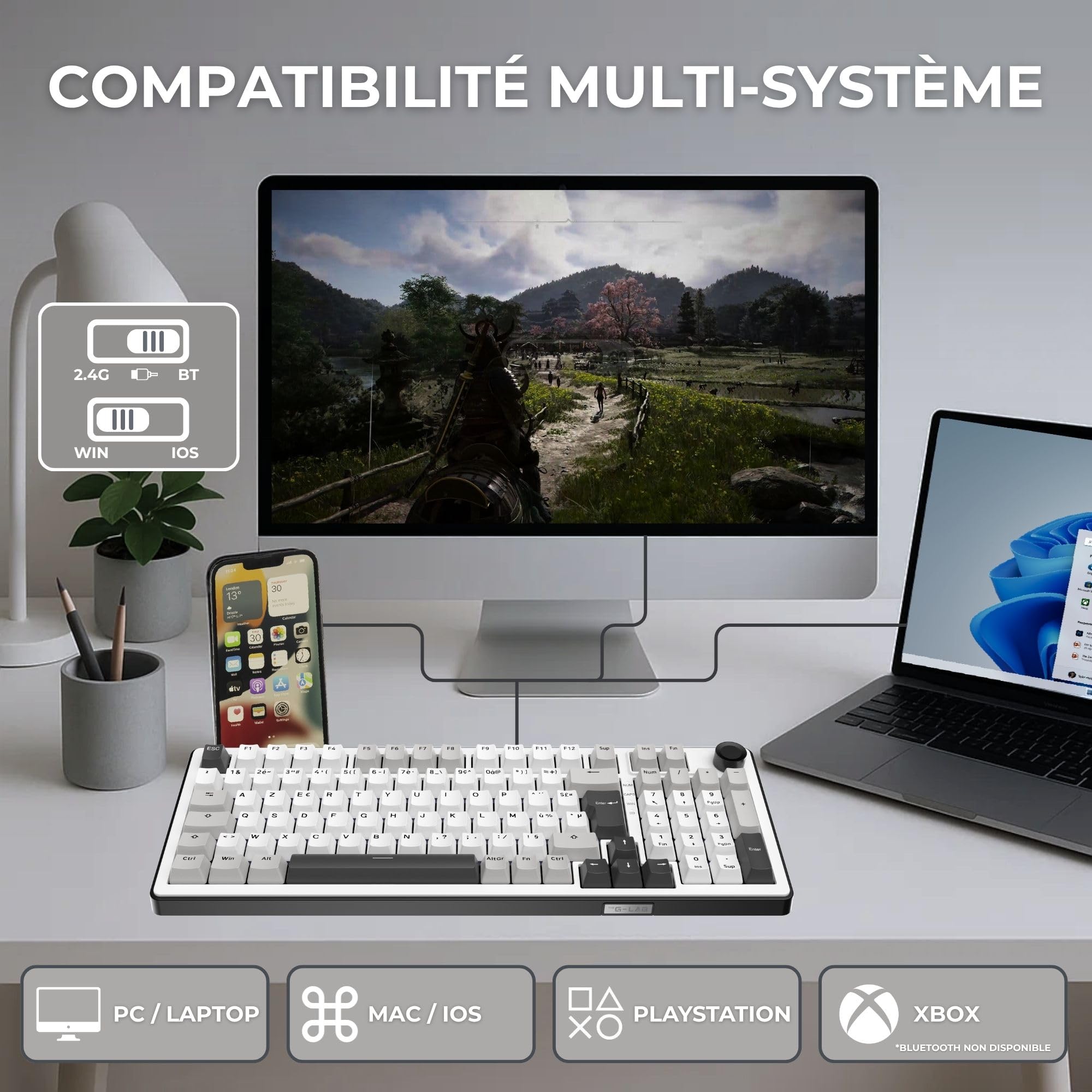The G-Lab - KEYZ ELITE 400 WG - Bezprzewodowa Klawiatura Gamingowa - Układ AZERTY FR - Mechaniczna Klawiatura z Hot-Swappable Switches, 5-Layer Gasket, Tri-Mode 2.4G/BT/Kabel, RGB i Makra, Win/Mac