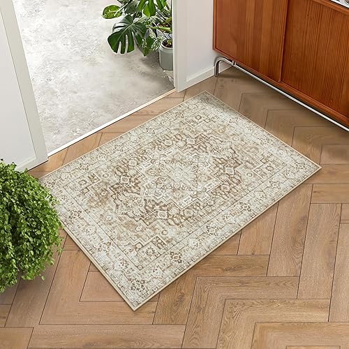 Alfombra de área para sala de estar 2 x 3, lavable a máquina, estilo bohemio, medallón vintage, suave, delgada, antideslizante, no se desprende,