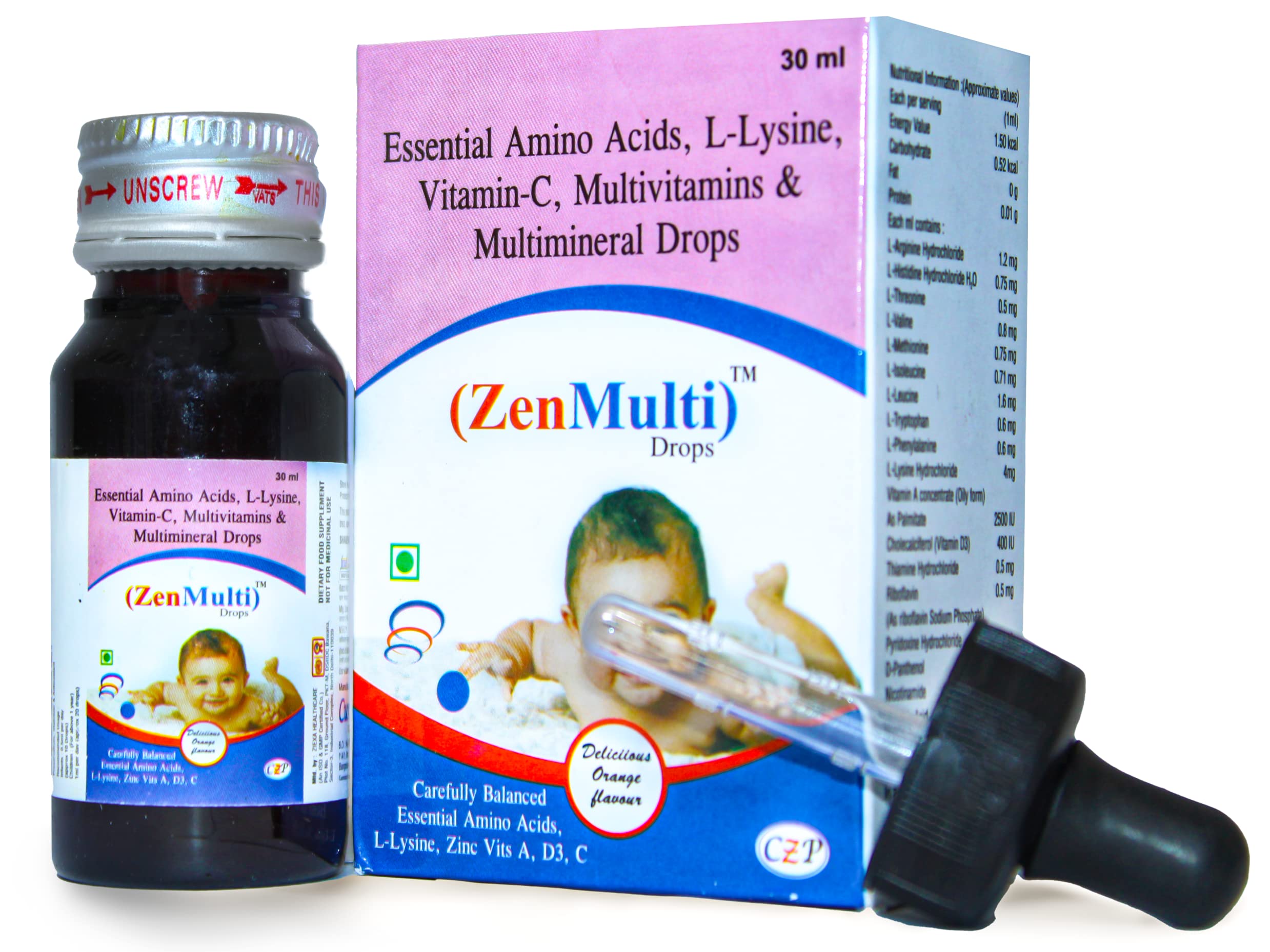 Zenmulti Drops Multivitamin Syrup For Kids | With Multiminerals, Amino Acids, Vitamin C And L-Lysene | Supplement For Children And Infants | Delicious Orange Flavor | 30Ml Bottle