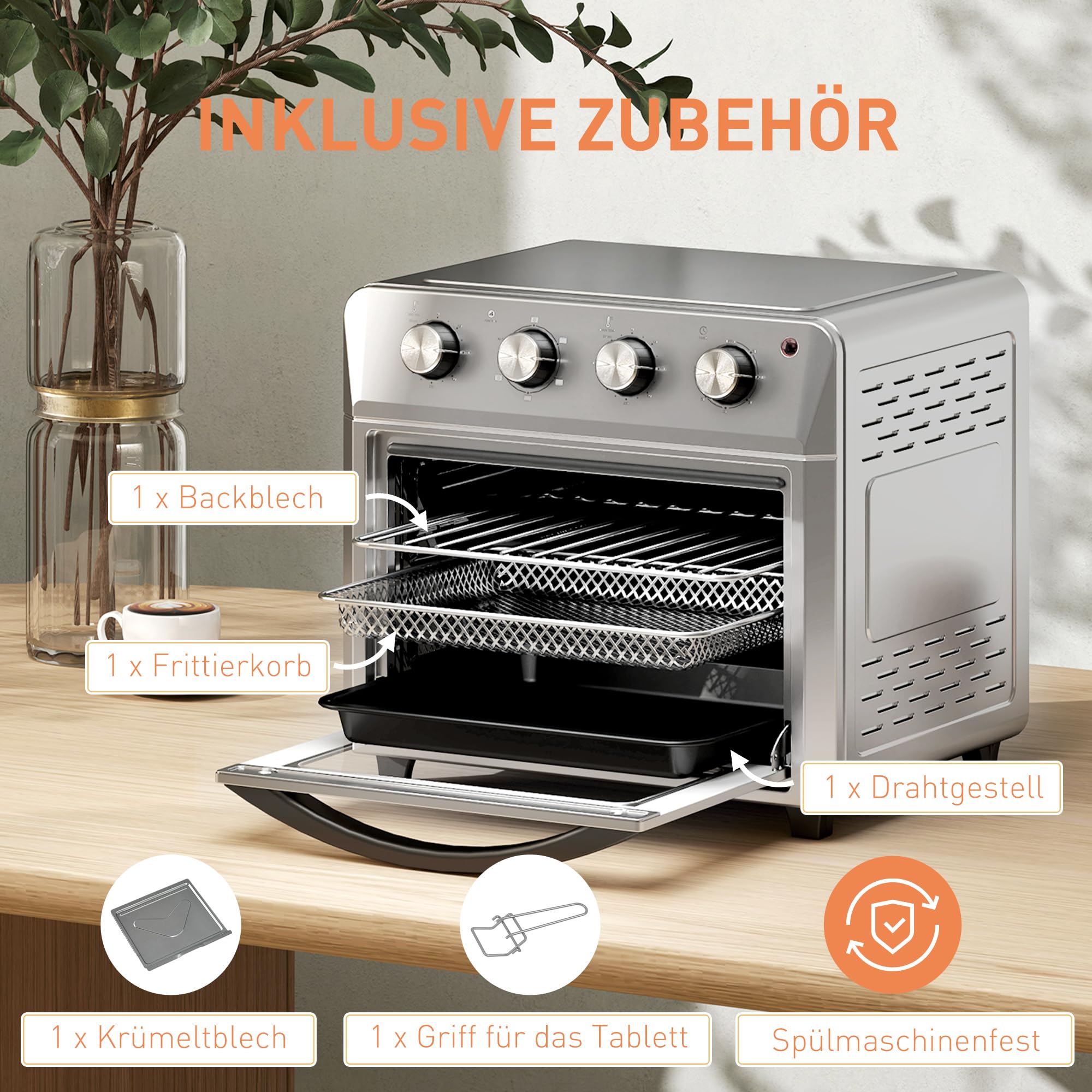 HOMCOM Mini forno a convezione 24 L 1600W 90-230℃ Forno ad aria calda con timer da 60 minuti, friggitrice ad aria calda con teglia e griglia, mini forno con illuminazione interna, argento