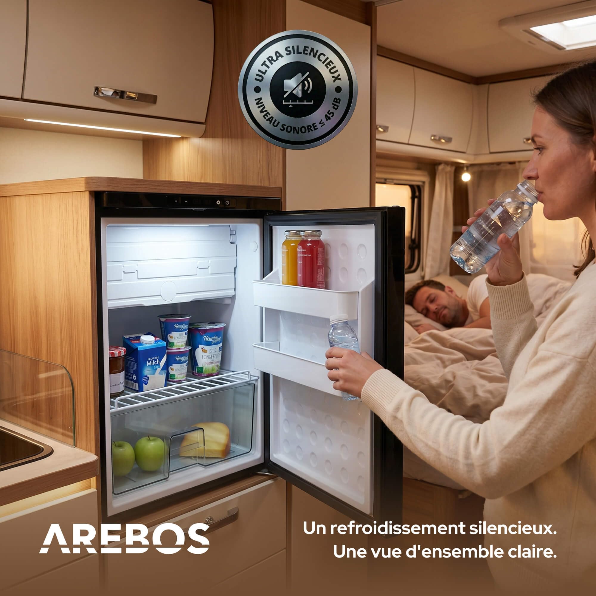 AREBOS Réfrigérateur à Compresseur pour Camping-Car 65 L avec Compartiment Congélateur | Contrôle via APP | 12V/24V | Jusqu'à -20°C | Porte Réversible | Réfrigérateur pour Camping-Car, Van & Camion