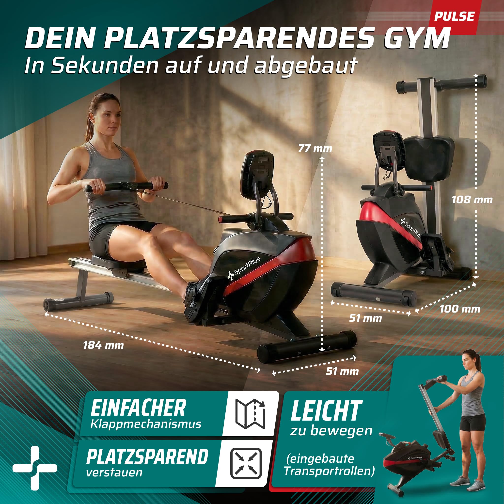 SportPlus Rudergerät für zuhause, klappbar, leise Magnetbremse, inkl. Trainingscomputer, Heimtrainer, Fitnessgerät für zuhause, Indoor Rudermaschine Fitness, optional App-kompatibel