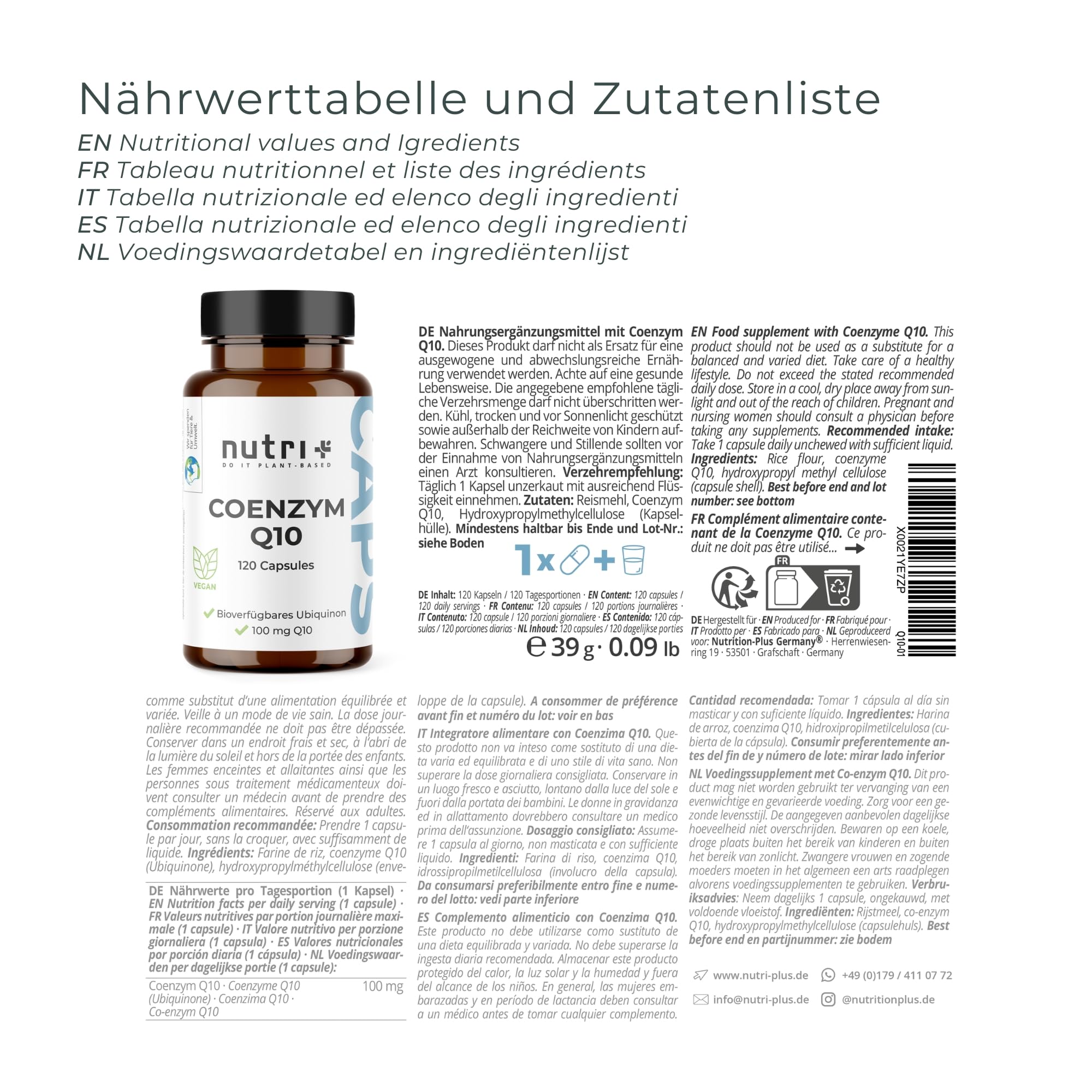 Nutri + Q10 Capsule alto Dosaggio - 120 Pillole 100 mg di Coenzima Q 10 per Capsula - Ubichinone vegano alta Qualità da Fermentazione senza Additivi inutili