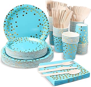 350 Pcs Disposable Paper Party Tableware Supplies Includes Dinner/Dessert Plates, Cups, Napkins,Spoons, Forks, Knives for Wedding Birthday Graduation Party,50 Guests (Blue Gold Dot)