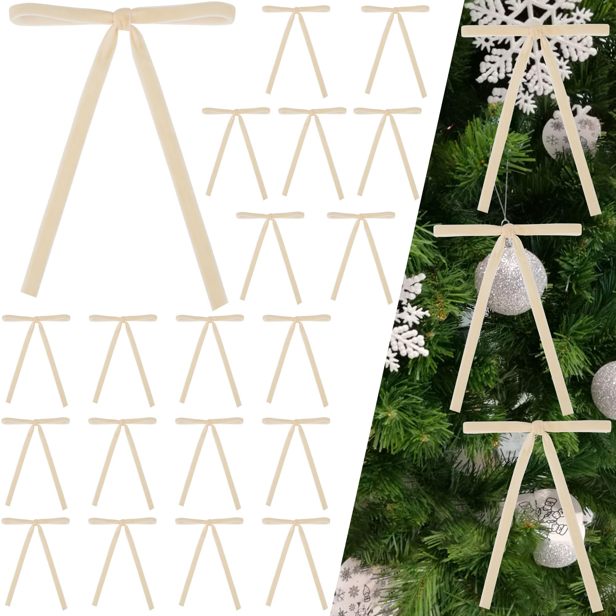 24Pcs Velvet Ribbon Bows for Christmas Tree - Vintage Decor, Door Garland, Wreath Decorations, Home & Wedding Decoration - Clear Twist Tie, 5x7 Inch, 3/8'' Width Light Champagne