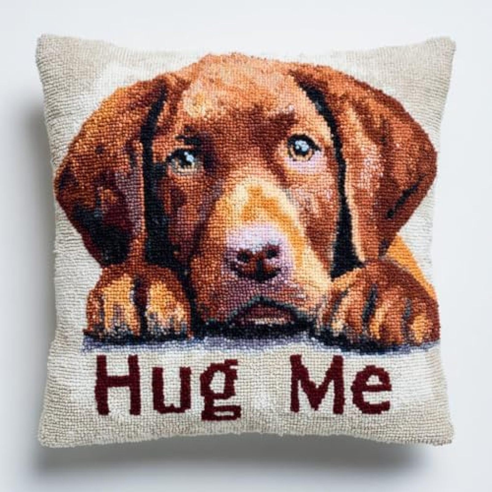 kitphoenix DIY Latch Hook Cushion Cover Kit for Adults,Retriever and Text Hug Me,Embroidery Crochet Craft Kit with Pre-Cut Yarn,Printed Canvas and Hook,43x43 cm