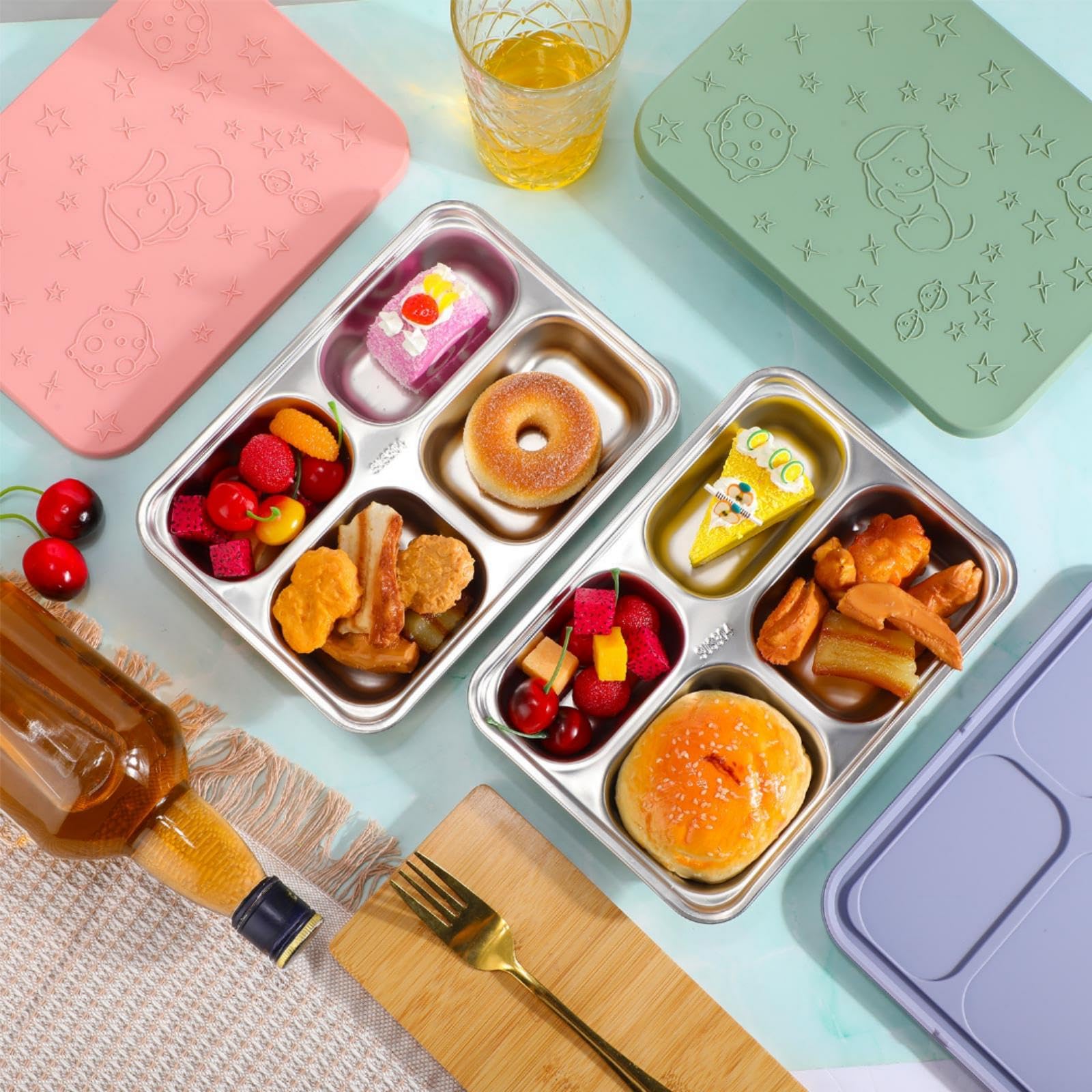 Tioncy 3 Stück auslaufsichere Edelstahl-Bento-Lunchbox, unterteilte Edelstahl-Lunchbox mit Silikondeckel, spülmaschinenfest, gefriergeeignet, Frischhaltedosen für Arbeit und Reisen