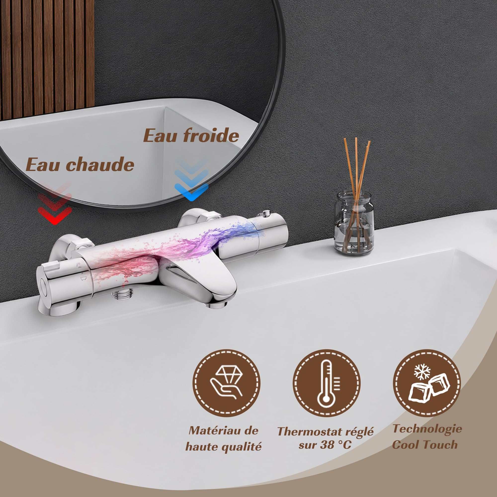 MORADO Mitigeur Baignoire Thermostatique,Robinet de baignoire avec arrêt de sécurité à 38°C,Chromé