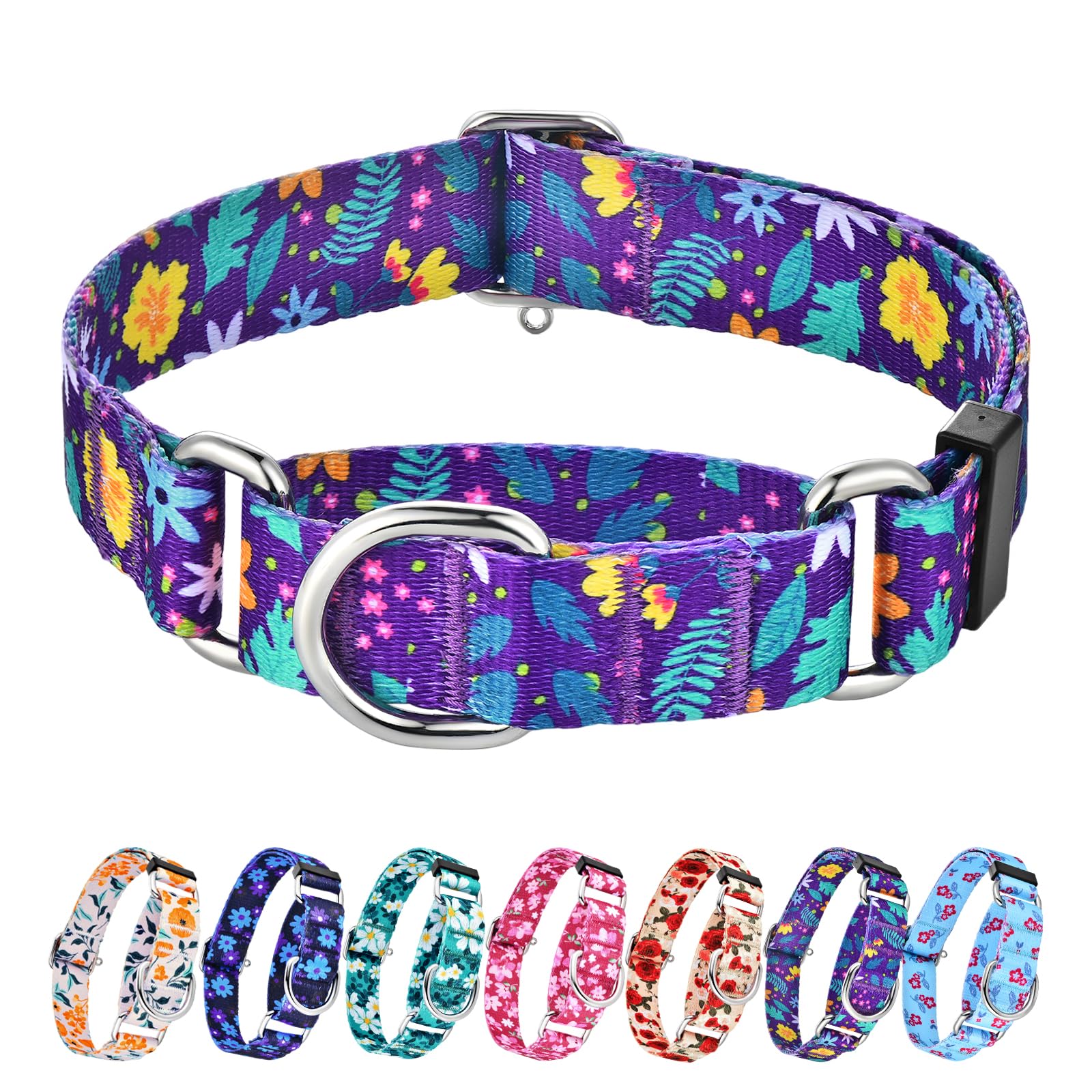 Hikiko Martingale Collar for Dogs with No Buckle Flower Dog Collars Pretty Cute Purple Dog Collar for Medium Dogs,Colourful Blossoms,M