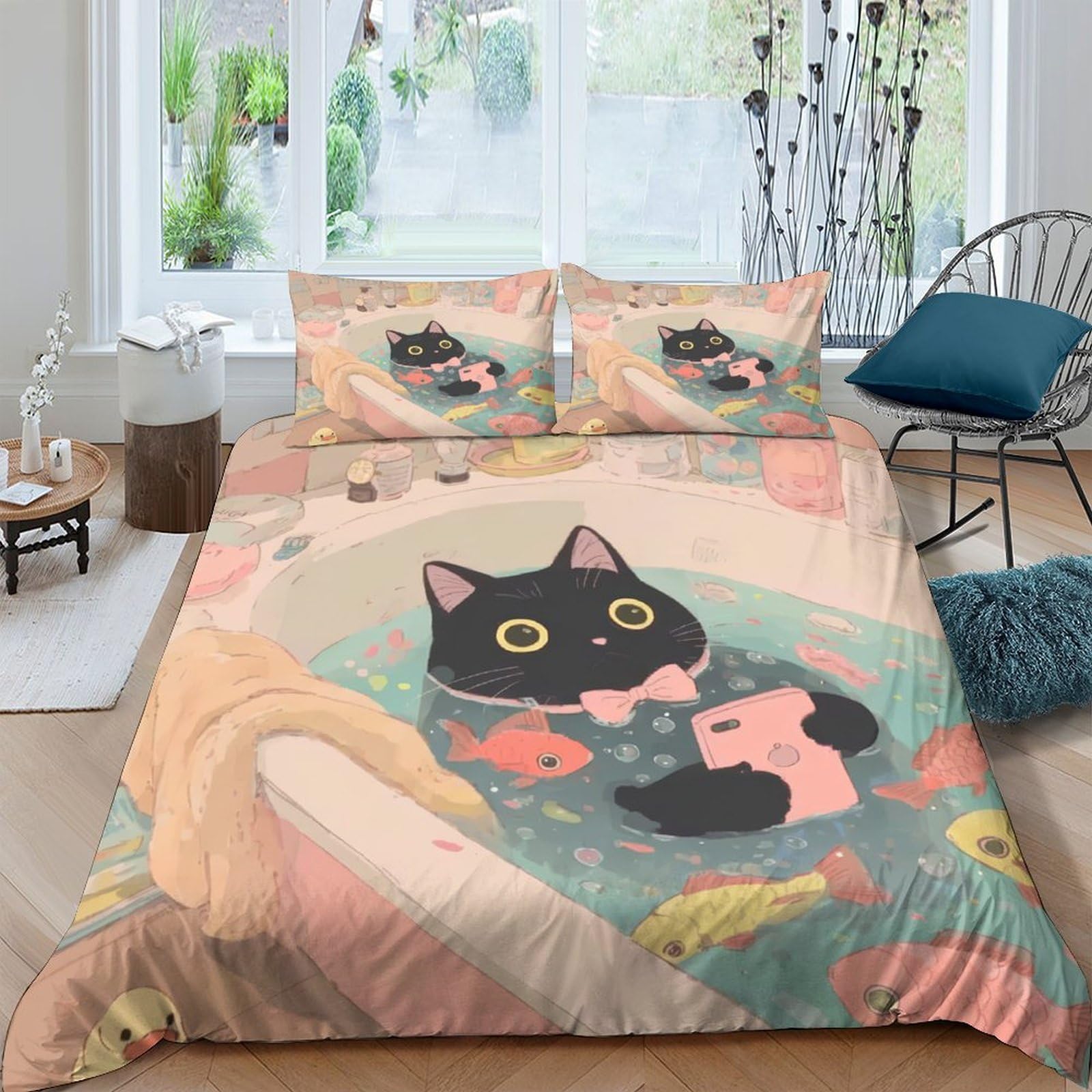 Ctjqhvkz Style-4 3D Printed Black Cat Fish Pond Fitted Sheet Microfiber Bedroom Dorm Bed Cover Easy Care Artistic Decor Single（135X200cm）