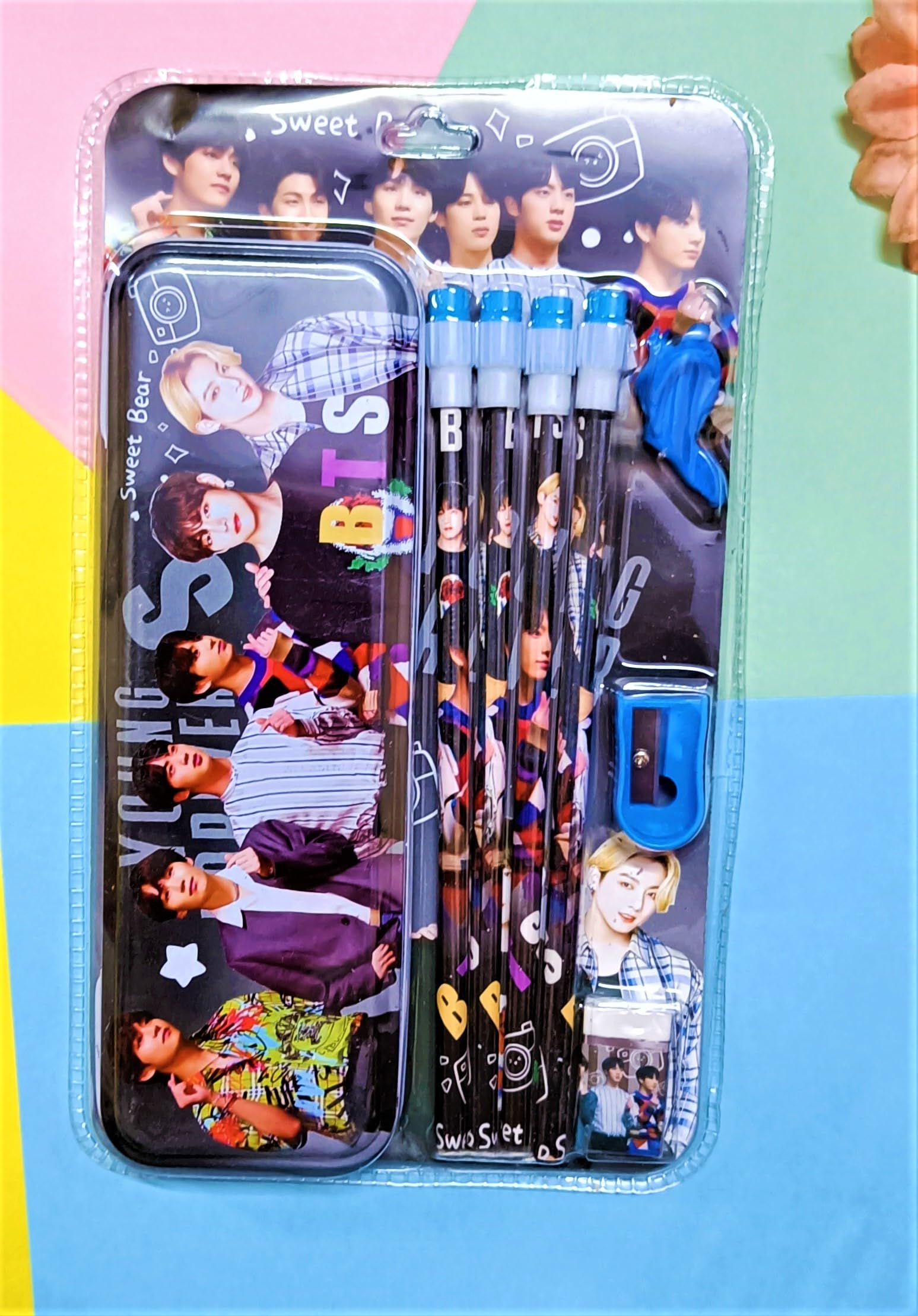 Febrina8pcs BTS Theme School Stationery Gift Set for Kids, BT-21 Army Theme Pencil Case, Pencil, Eraser All Stationery Return Gift, Birthday Gift, Christmas Gift, New Year GIF