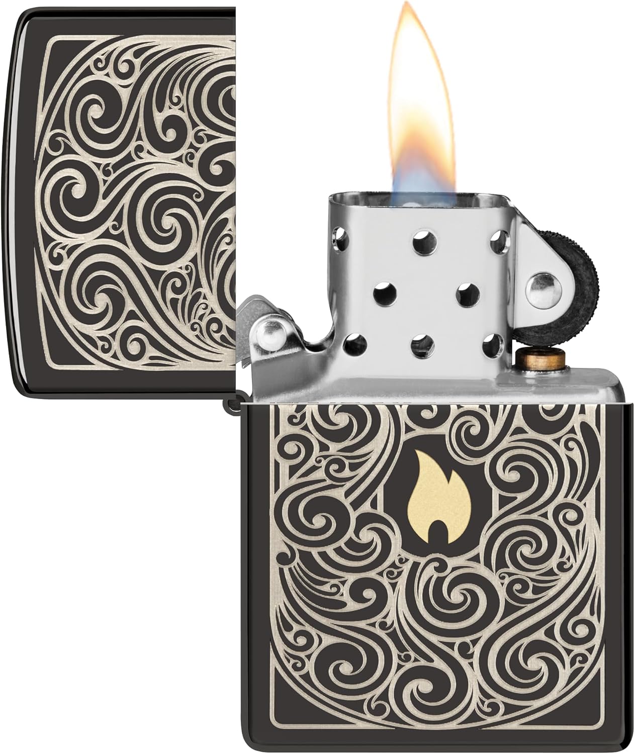 Zippo Windproof Lighter, Pattern, High Polish Black, Laser Two-Tone, Refillable, Reusable, Windproof Design, Gift Box, Made in USA