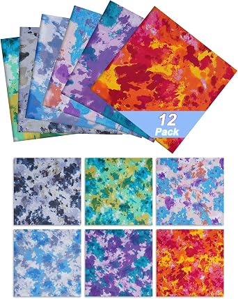 eZAKKA 12 Pcs 10x10 Inch Tie Dye Fabric Squares, Cotton Quilting for Sewing | Precut Quilting Squares with 6 Tie Dye Designs, 10x10in Cotton Fabric for Patchwork, Quilt Blocks, Sewing & DIY Crafting