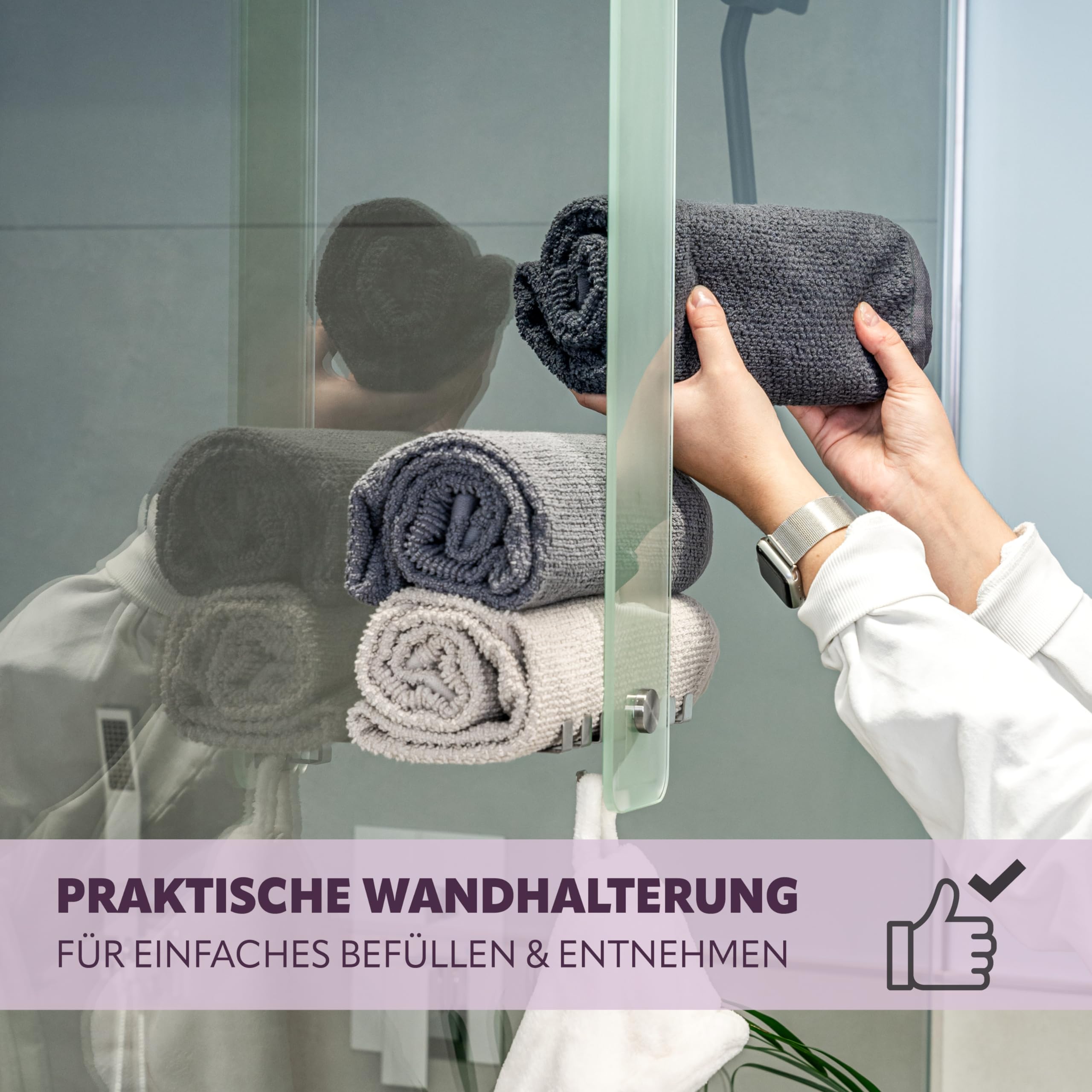 bremermann Bad-Serie Piazza - Glashandtuchhalter 2in1, zur Wandmontage oder Anbringung an der Glasduschwand, 6 zusätzliche Haken, passend für Handtücher und Gästetücher, aus Glas und Edelstahl, matt