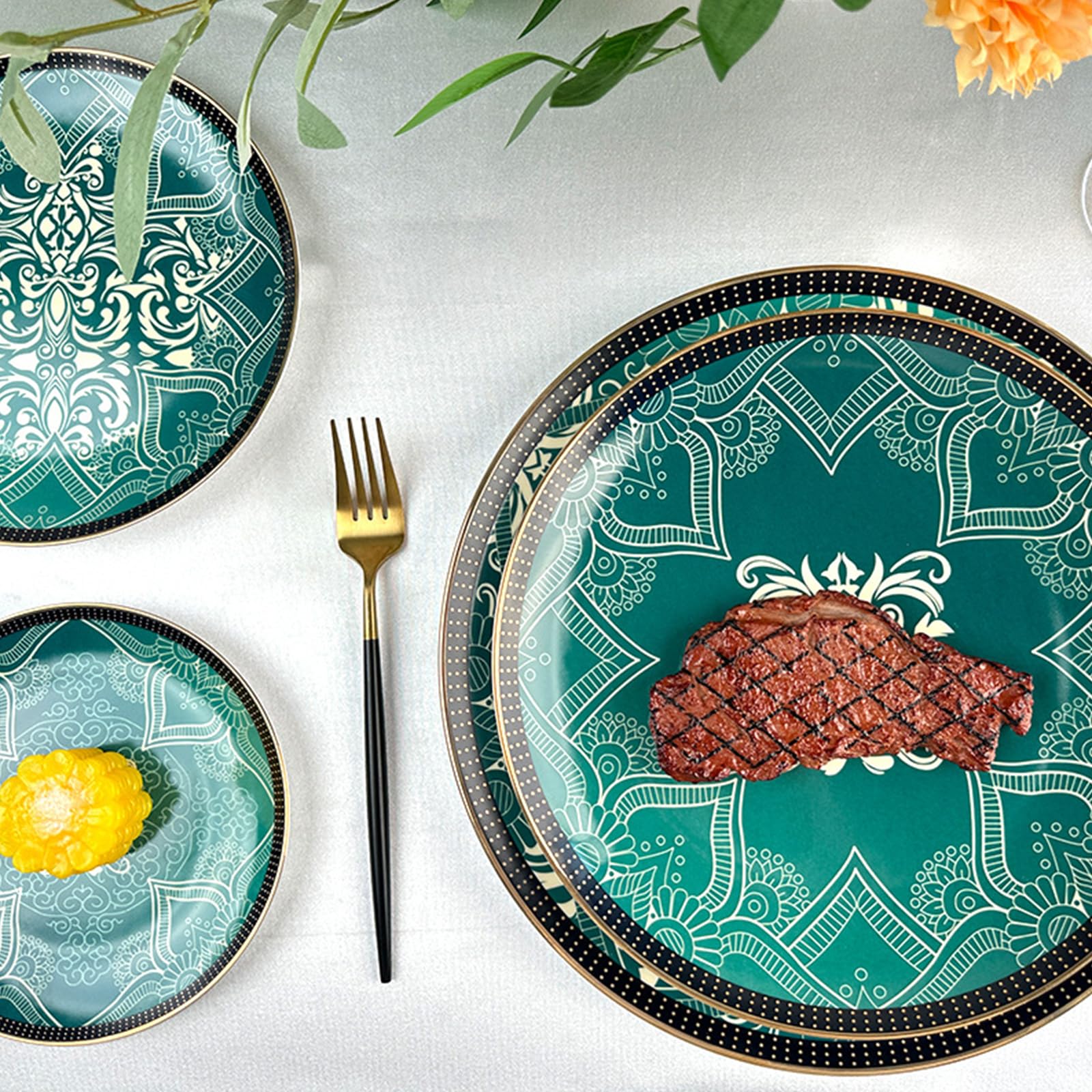 Juego de vajilla de estilo europeo, servicio para 4, juegos de vajilla de porcelana de hueso, juegos de cena de porcelana irrompible, juego de platos de carne