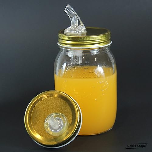 Miniatura 7 de Mason Jar Pour Spouts Tapa TinPlate Mason Jar Tapa Dispensador Tapa de brote Tapa de flujo libre (2 unidades Metal Dorado)