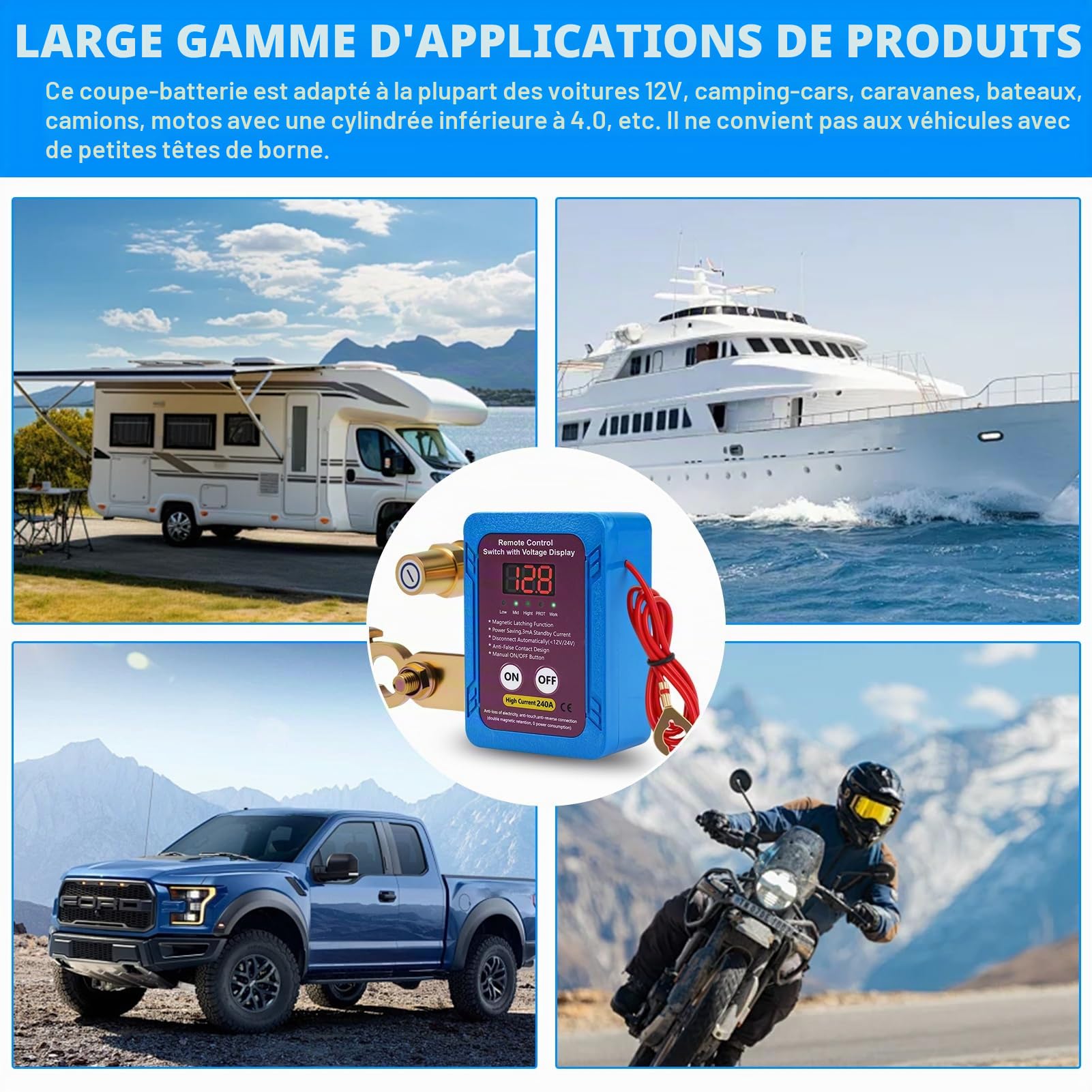 BuyWeek Coupe Circuit Batterie 12V 240A avec Led Affichage de la Tension Coupe Circuit Voiture Coupe Batterie Voiture Télécommandes pour Voiture, RV, ATV, Camion Bateau(Bleu roi)