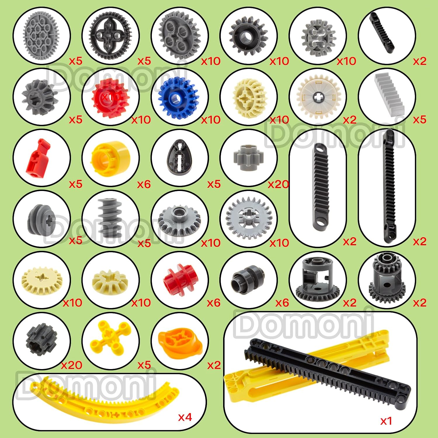 Domoni Technical Parts Gear Set for Lego Kits, 235 Pieces Car Gear Rack Driving Clutch Differential Building Blocks Set - Compatible with Major Brands