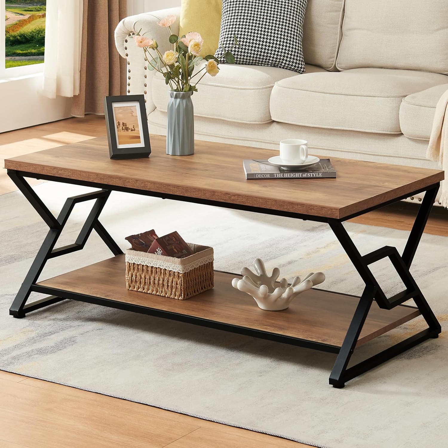 HOMISSUE Coffee Table, Rustic Rectangle Coffee Table with 2-Tier Storage, Engineered Wood Center Table with Open Shelves, Minimalist Coffee Table for Living Room, 47 Inch, Oak Brown Oak Brown 47 inch (47.2"W x 23.6"D x 17.6"H)